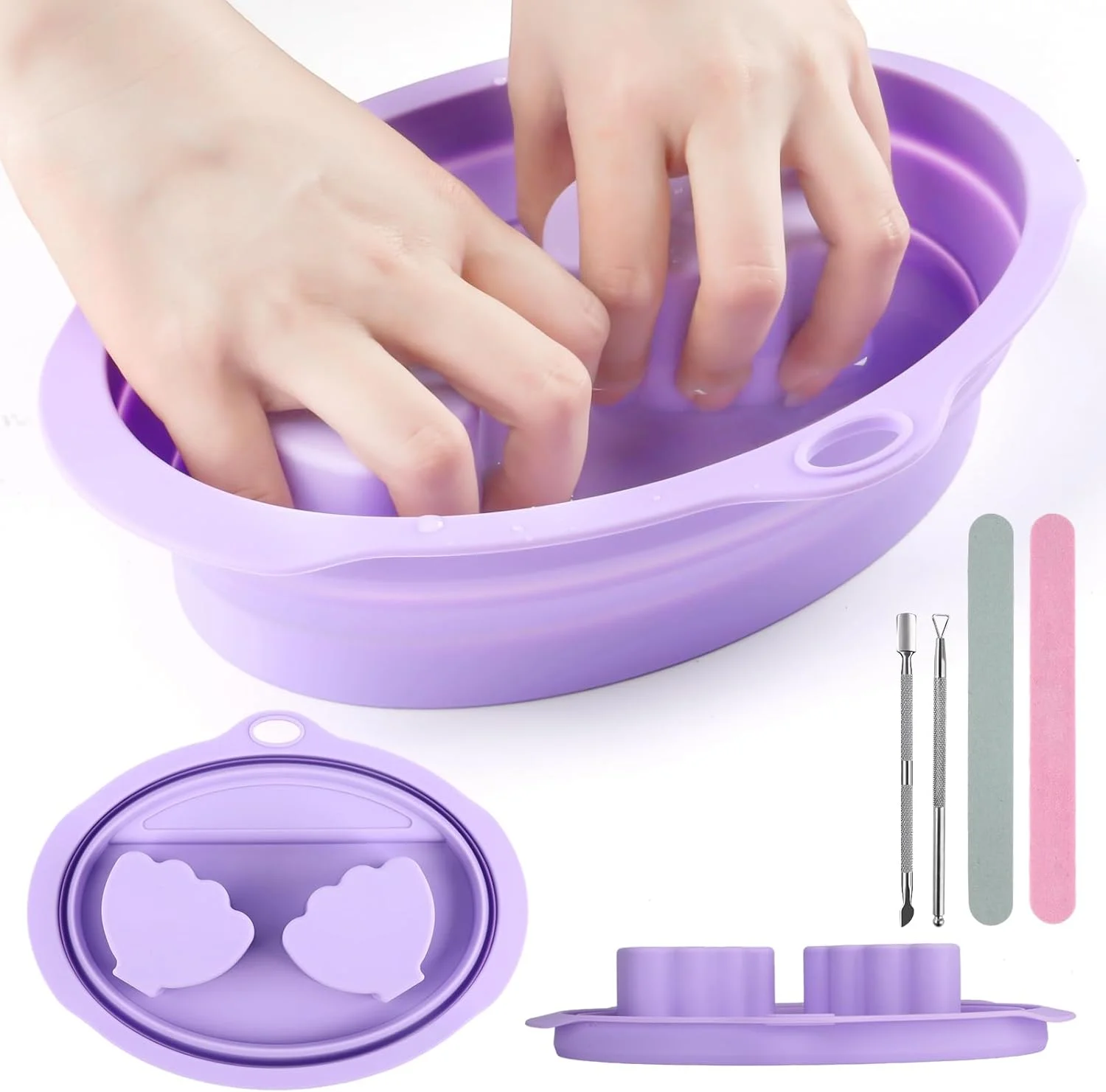 کاسه دوگانه خیساندن ناخن مقاوم در برابر استون، کاسه مانیکور پاک کننده لاک ژل، کیت پاک کننده پودر دیپ سیلیکونی صرفه جویی در زمان برای سالن و خانه (سایز معمولی - بنفش)