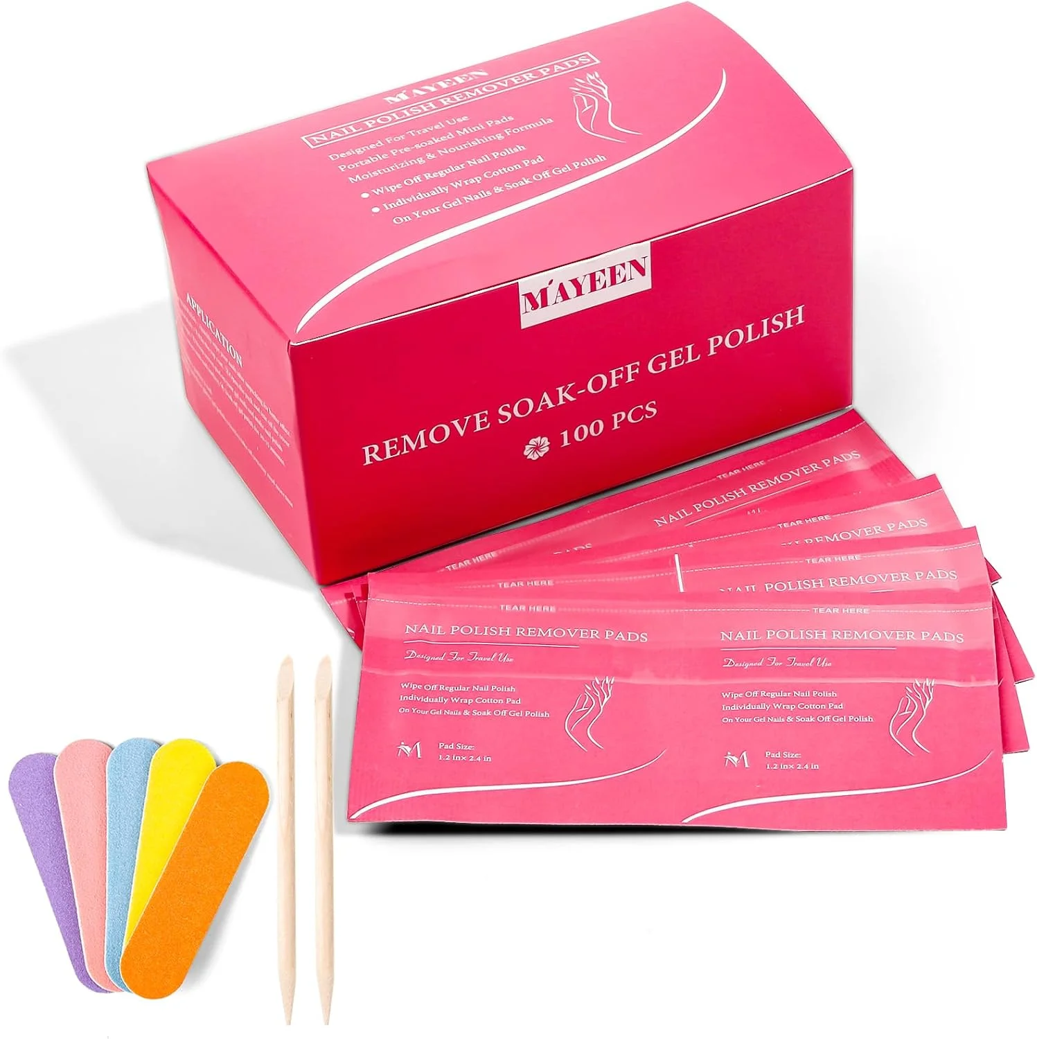 پدهای پاک کننده لاک MAYEEN، بسته 100 عددی، بسته بندی تکی، پدهای پاک کننده لاک ژل استون، دستمال مرطوب پاک کننده لاک، پاک کننده های لاک