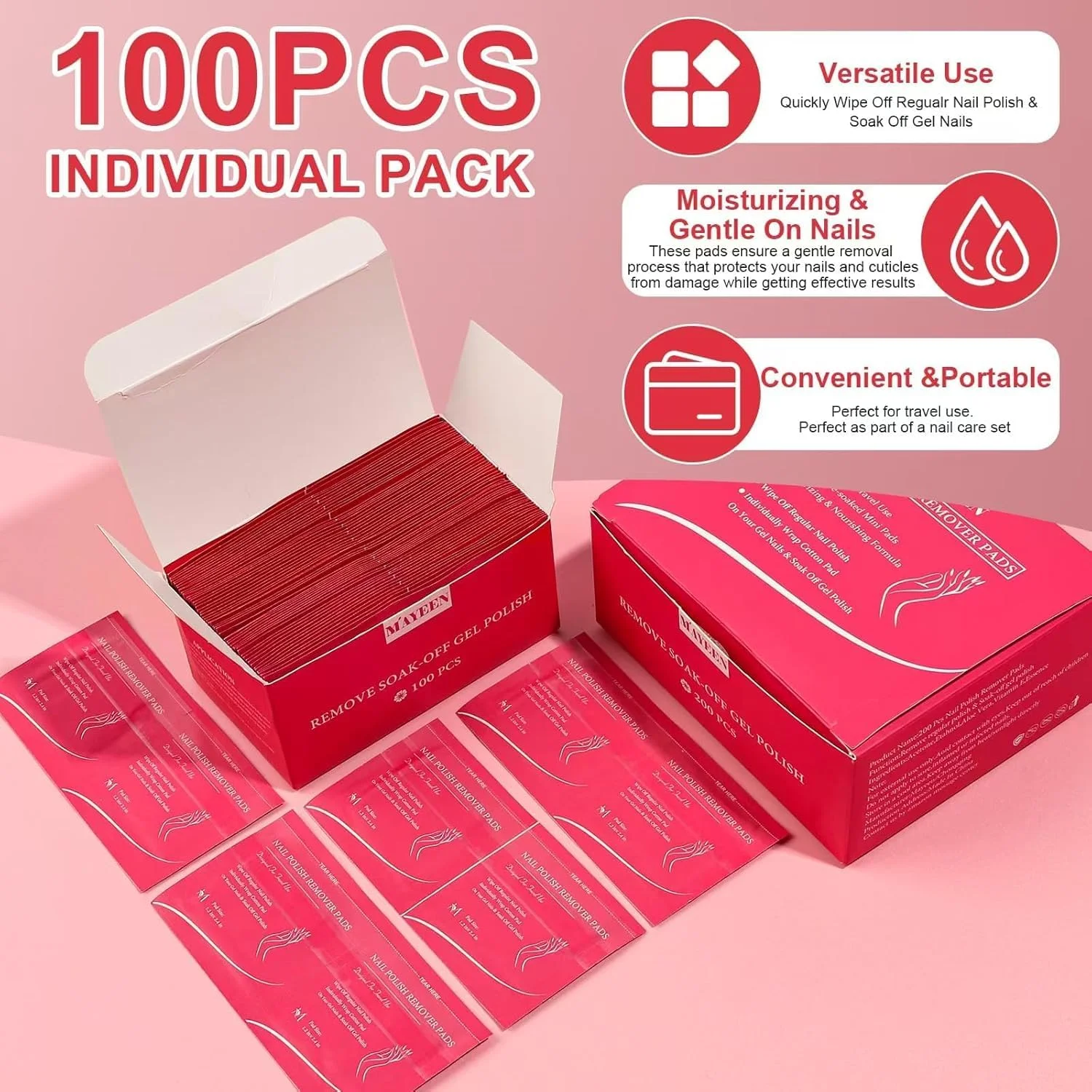 پدهای پاک کننده لاک MAYEEN، بسته 100 عددی، بسته بندی تکی، پدهای پاک کننده لاک ژل استون، دستمال مرطوب پاک کننده لاک، پاک کننده های لاک