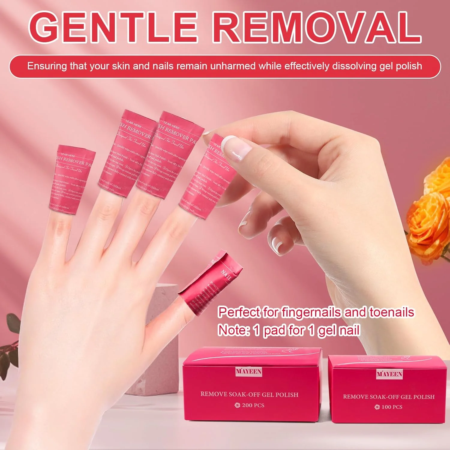 پدهای پاک کننده لاک MAYEEN، بسته 100 عددی، بسته بندی تکی، پدهای پاک کننده لاک ژل استون، دستمال مرطوب پاک کننده لاک، پاک کننده های لاک