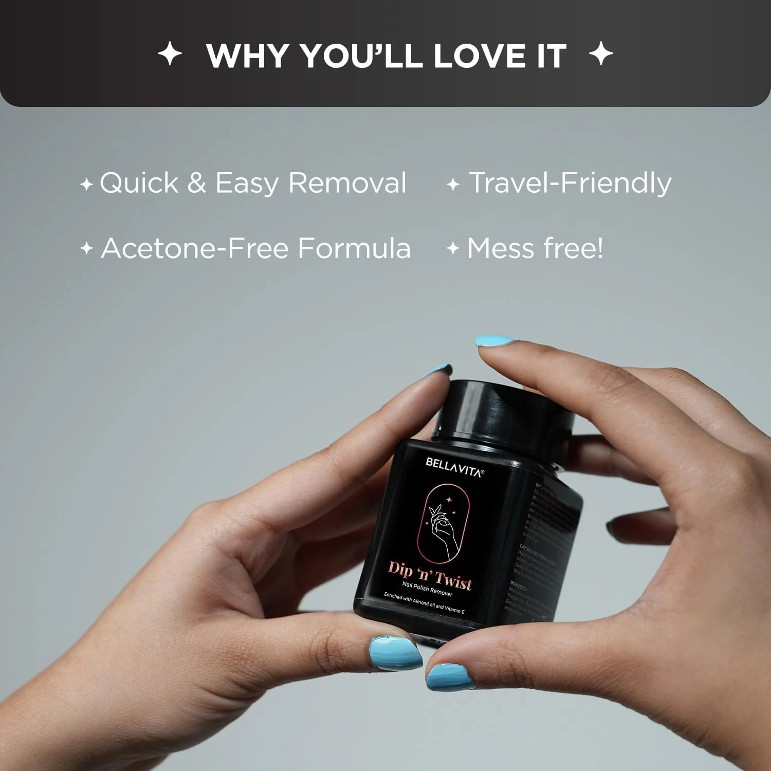 لاک پاک کن دیپ اند تویست BELLAVITA حاوی ویتامین E و روغن بادام | فرمولاسیون بدون استون | پاک کنندگی سریع و آسان | ملایم بر روی ناخن | 60 میلی لیتر