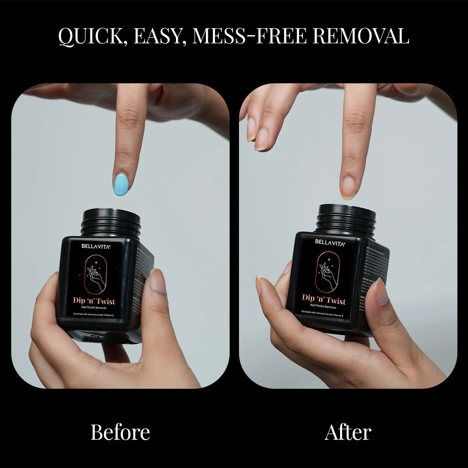 لاک پاک کن دیپ اند تویست BELLAVITA حاوی ویتامین E و روغن بادام | فرمولاسیون بدون استون | پاک کنندگی سریع و آسان | ملایم بر روی ناخن | 60 میلی لیتر