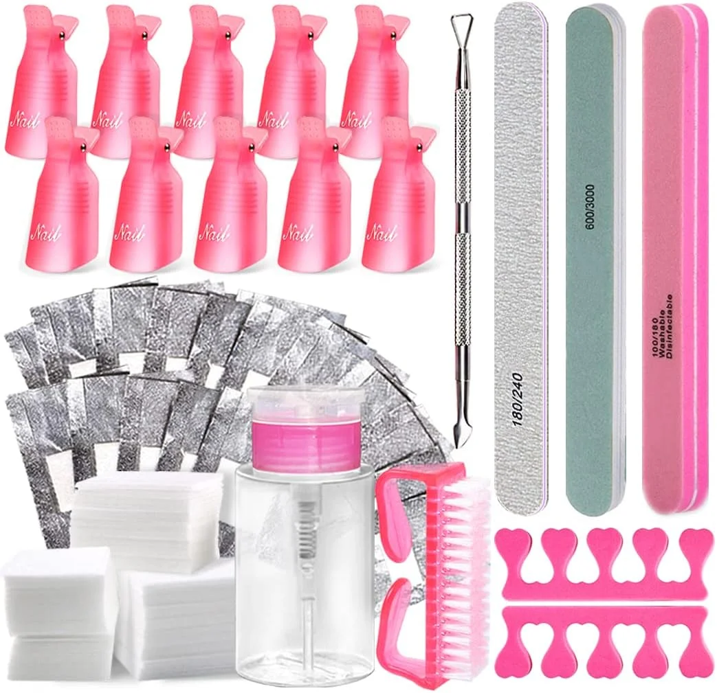 ست ابزار ریموور لاک ژل ناخن، شامل گیره ناخن، پد، کاتر، پمپ، بافر و سوهان ناخن، برس