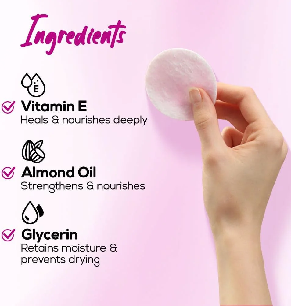 دستمال مرطوب پاک کننده لاک ناخن رنه، پاک کننده آسان لاک ناخن، حفظ رطوبت و تغذیه ناخن ها، بدون استون، مناسب مسافرت، غنی شده با ویتامین E، روغن بادام و گلیسیرین، 50 عدد