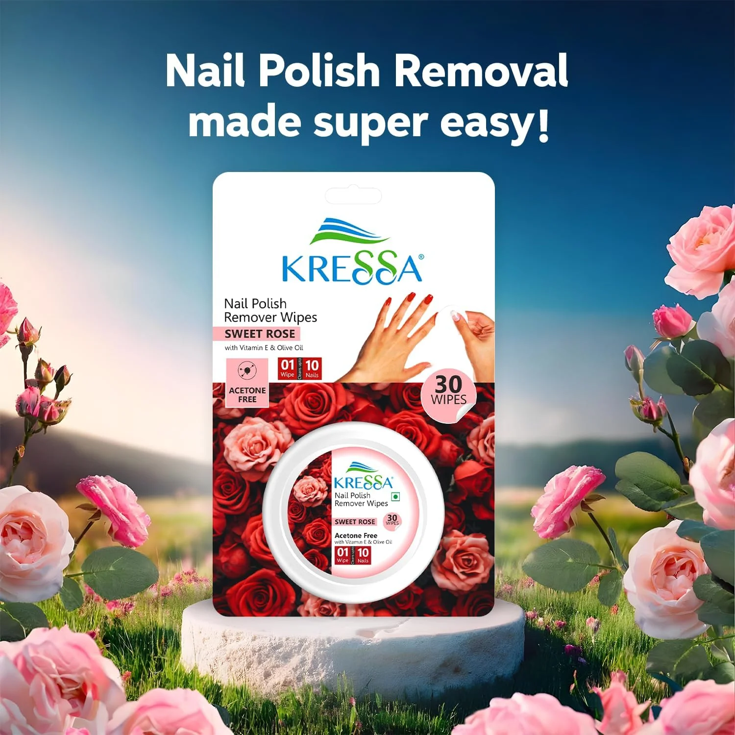 دستمال مرطوب پاک کننده لاک کرسا – بدون استون، مناسب مسافرت، فرمول مغذی برای پاک کردن آسان (رز شیرین، بسته 2 عددی)