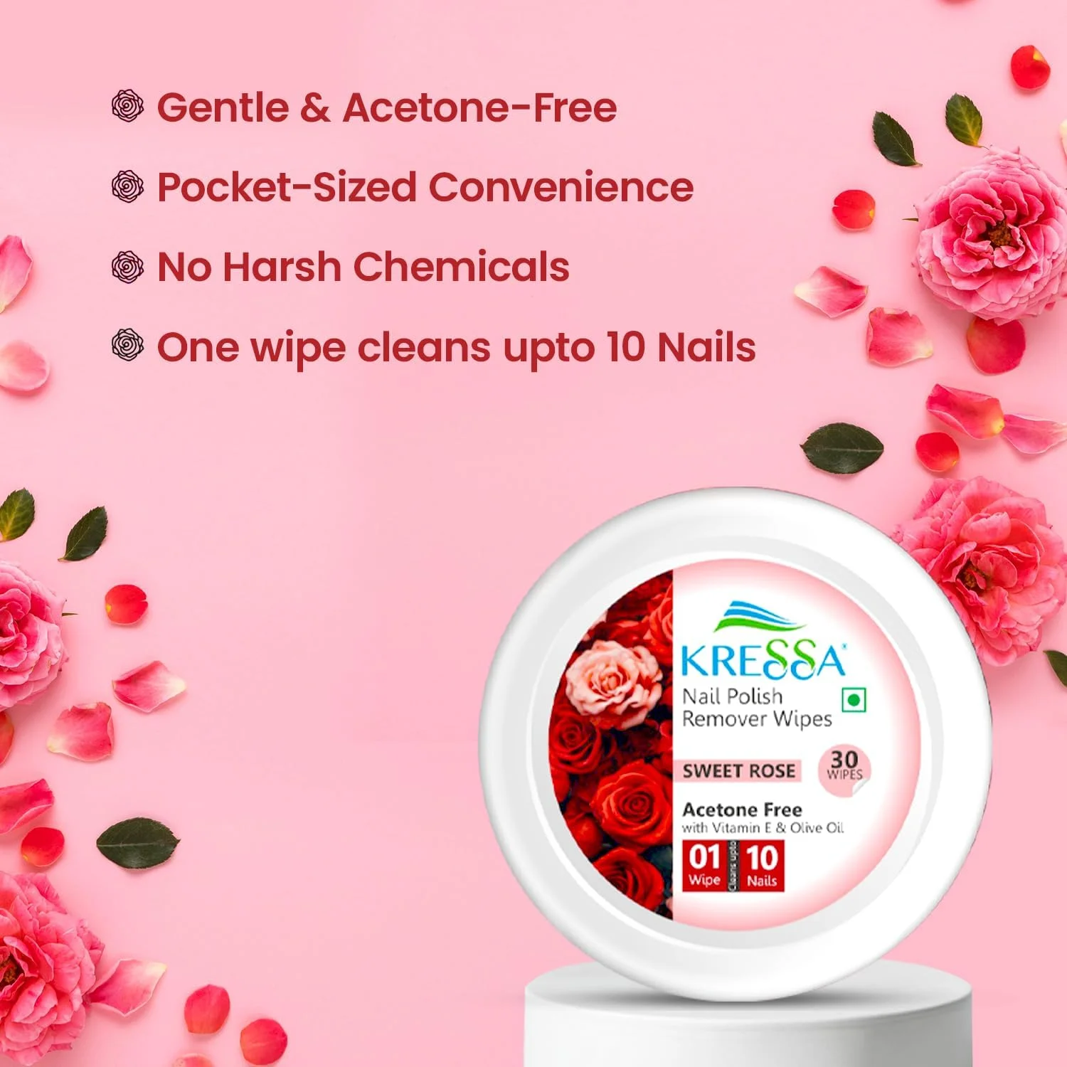 دستمال مرطوب پاک کننده لاک کرسا – بدون استون، مناسب مسافرت، فرمول مغذی برای پاک کردن آسان (رز شیرین، بسته 2 عددی)