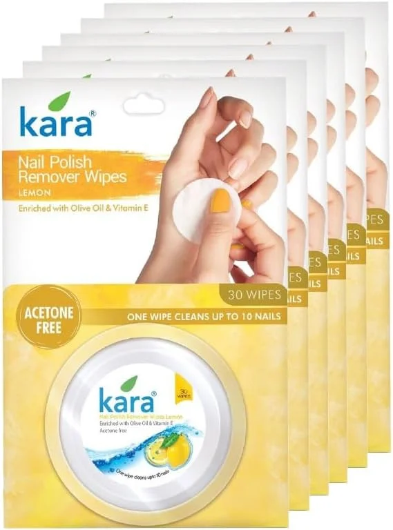 دستمال مرطوب پاک کننده لاک ناخن کارا با رایحه لیمو - 30 عدد (بسته 6 عددی) | مناسب برای مسافرت | غنی شده با روغن زیتون و ویتامین E | بدون استون | یک دستمال برای پاک کردن 10 ناخن