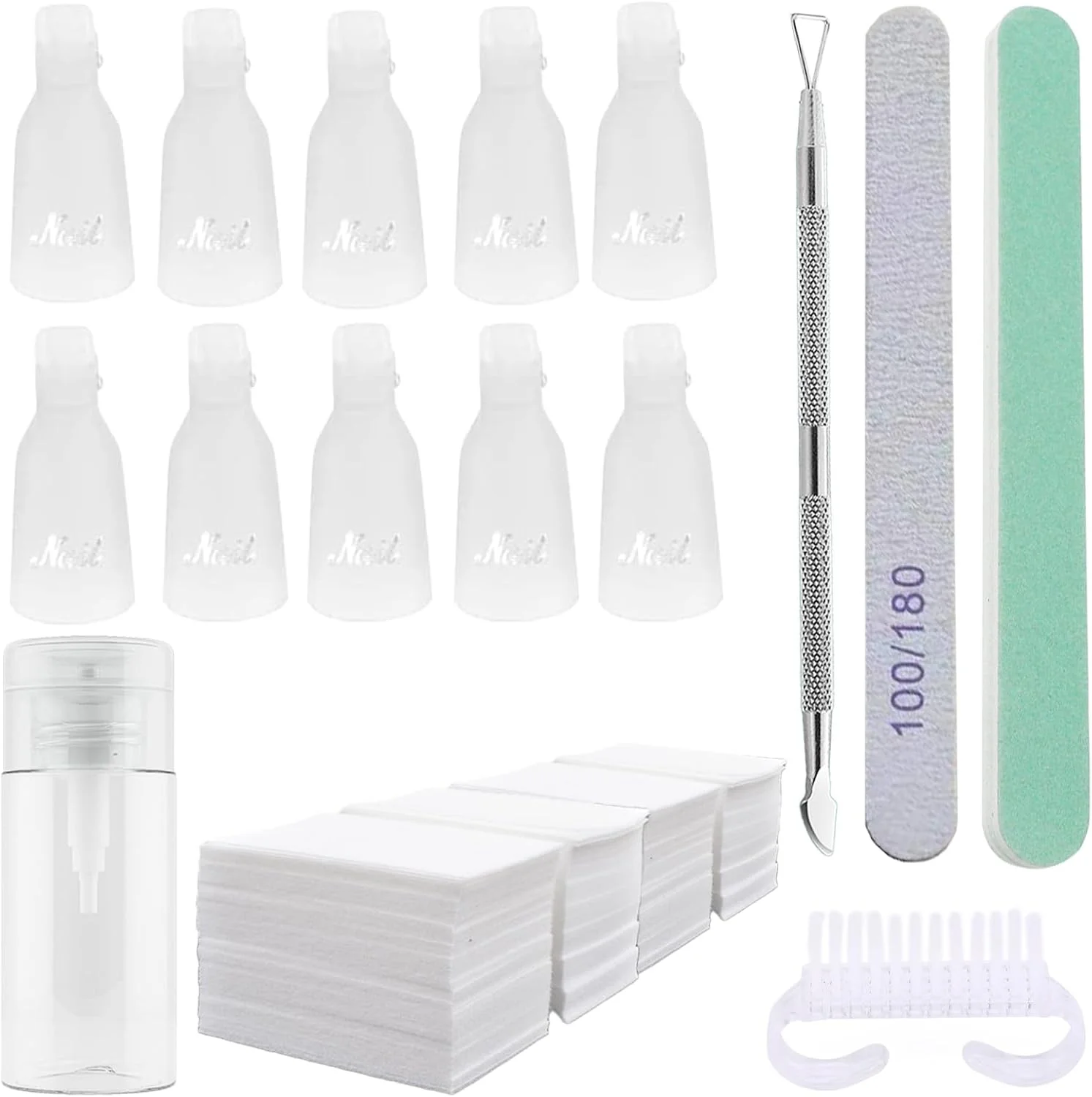 کیت ریموور لاک ژل Ponjowl با 10 عدد گیره/کلیپس ریموور لاک سفید، بطری پخش کننده استون، عقب زننده کوتیکول لاک، 400 عدد پد پنبه ای، برس دسته دار، سوهان ناخن، بافر بلاک. کیت ریموور لاک ژل Ponjowl با 10 عدد گیره/کلیپس ریموور لاک سفید، بطری پخش کننده استون، عقب زننده کوتیکول لاک، 400 عدد پد پنبه ای، برس دسته دار، سوهان ناخن، بافر بلاک.