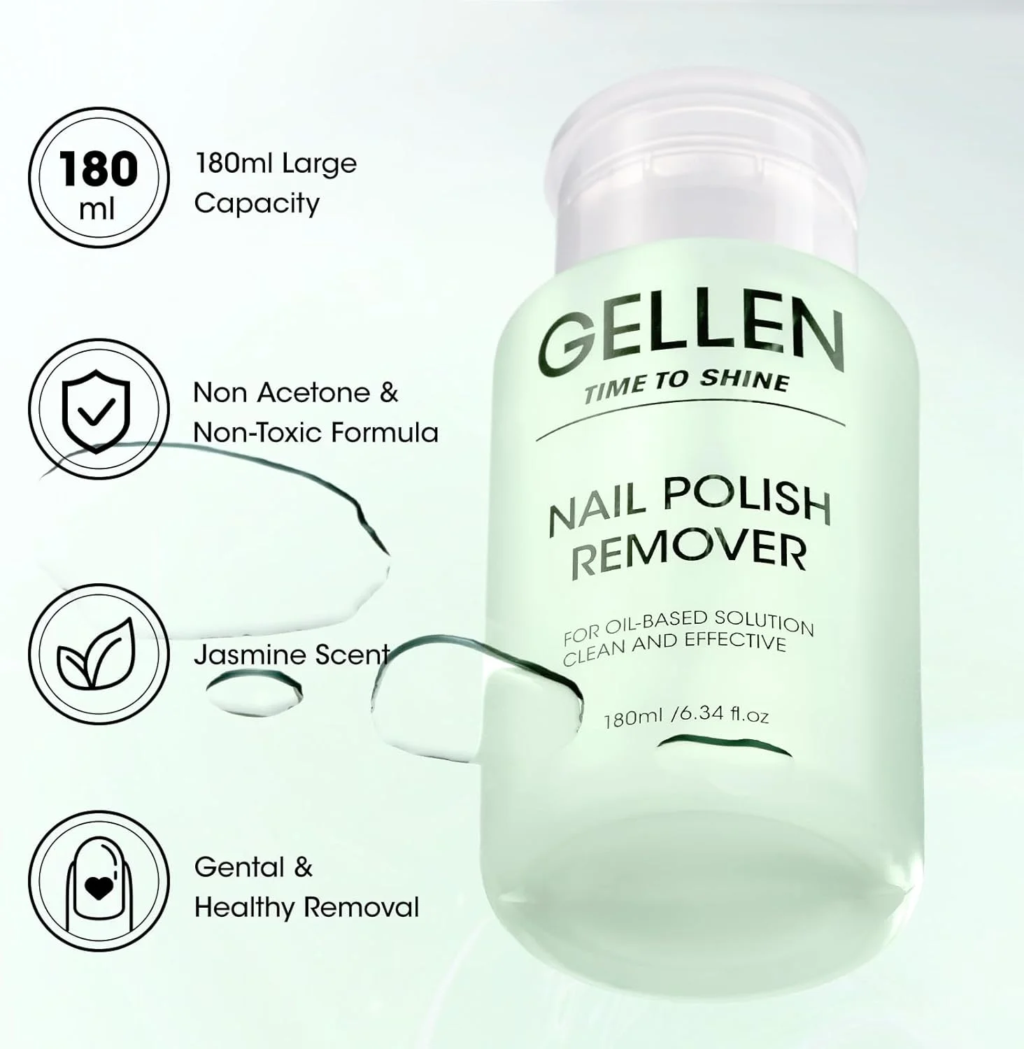 محلول پاک کننده لاک ناخن ژلن، بدون استون برای لاک های معمولی، با رایحه یاس و پمپ فشاری آسان، 180 میلی لیتر محلول پاک کننده لاک ناخن ژلن، بدون استون برای لاک های معمولی، با رایحه یاس و پمپ فشاری آسان، 180 میلی لیتر