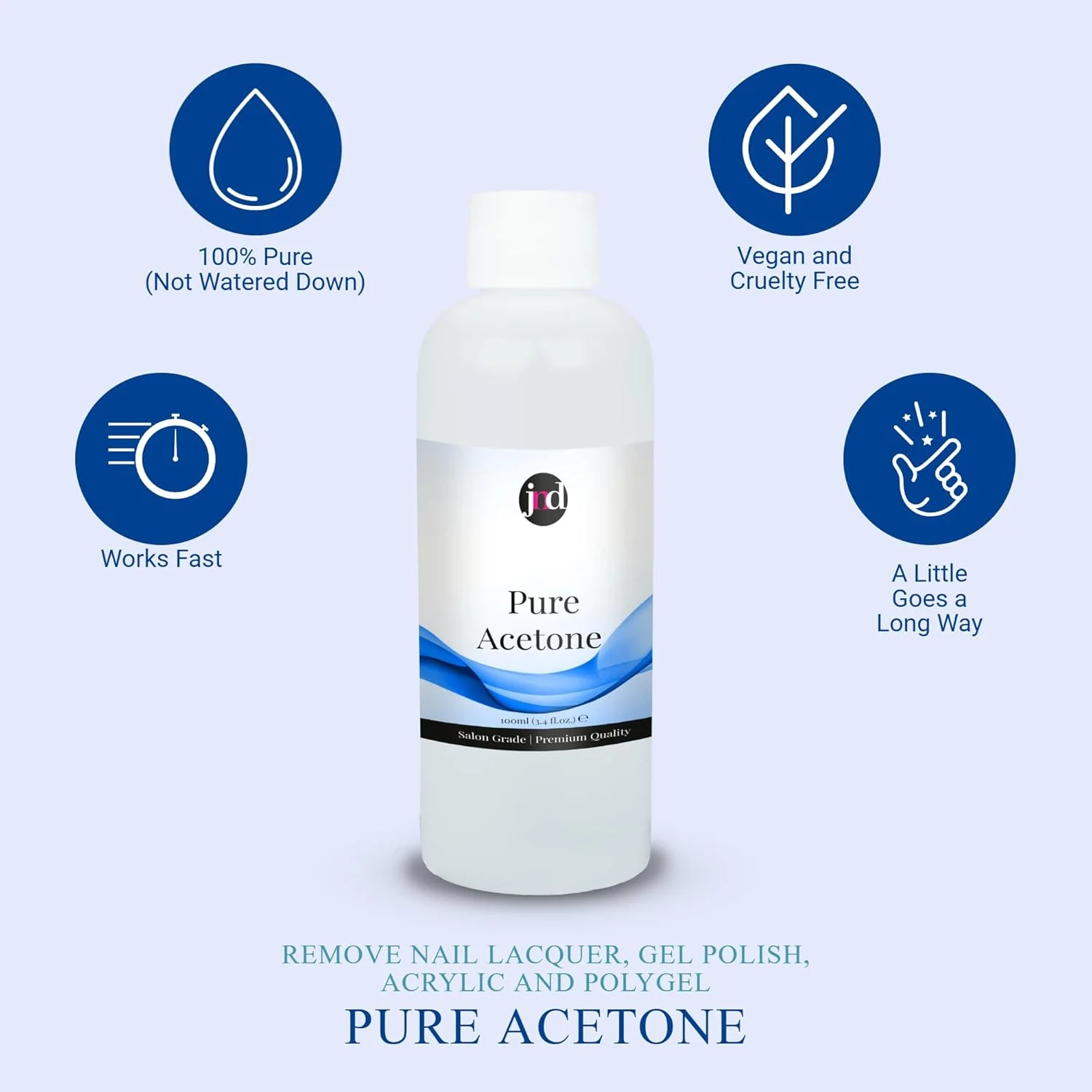 محلول ۱۰۰٪ استون خالص JND برای پاک کردن لاک ژل، کاشت ناخن، چسب ناخن و لاک (۱۰۰ میلی لیتر)