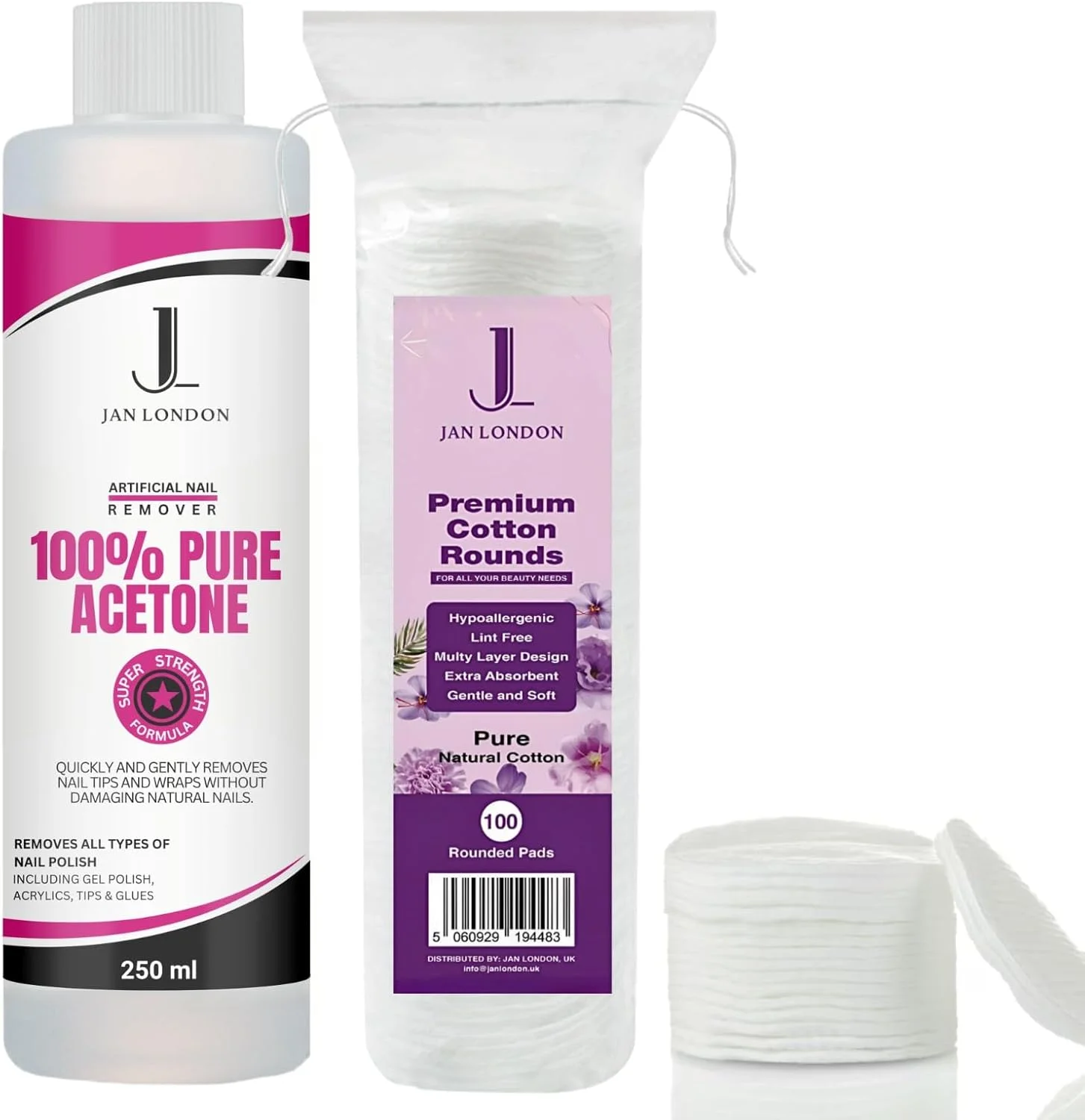 محلول پاک کننده لاک ناخن استون خالص 2 در 1 JAN LONDON 250 میلی لیتر و پدهای پنبه ای ضد حساسیت ممتاز: فرمول خیساندن سریع الاثر با 100 پد نرم و جاذب برای پاک کردن ملایم لاک ناخن محلول پاک کننده لاک ناخن استون خالص 2 در 1 JAN LONDON 250 میلی لیتر و پدهای پنبه ای ضد حساسیت ممتاز: فرمول خیساندن سریع الاثر با 100 پد نرم و جاذب برای پاک کردن ملایم لاک ناخن