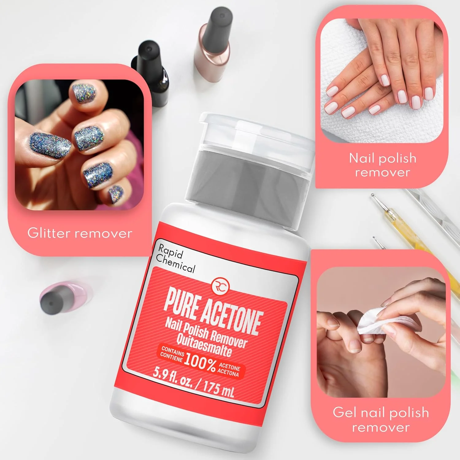 استون خالص ۱۰۰ درصد، پاک کننده لاک ناخن و ژل با پمپ داخلی (۱۷۵ میلی لیتر) استون خالص ۱۰۰ درصد، پاک کننده لاک ناخن و ژل با پمپ داخلی (۱۷۵ میلی لیتر)