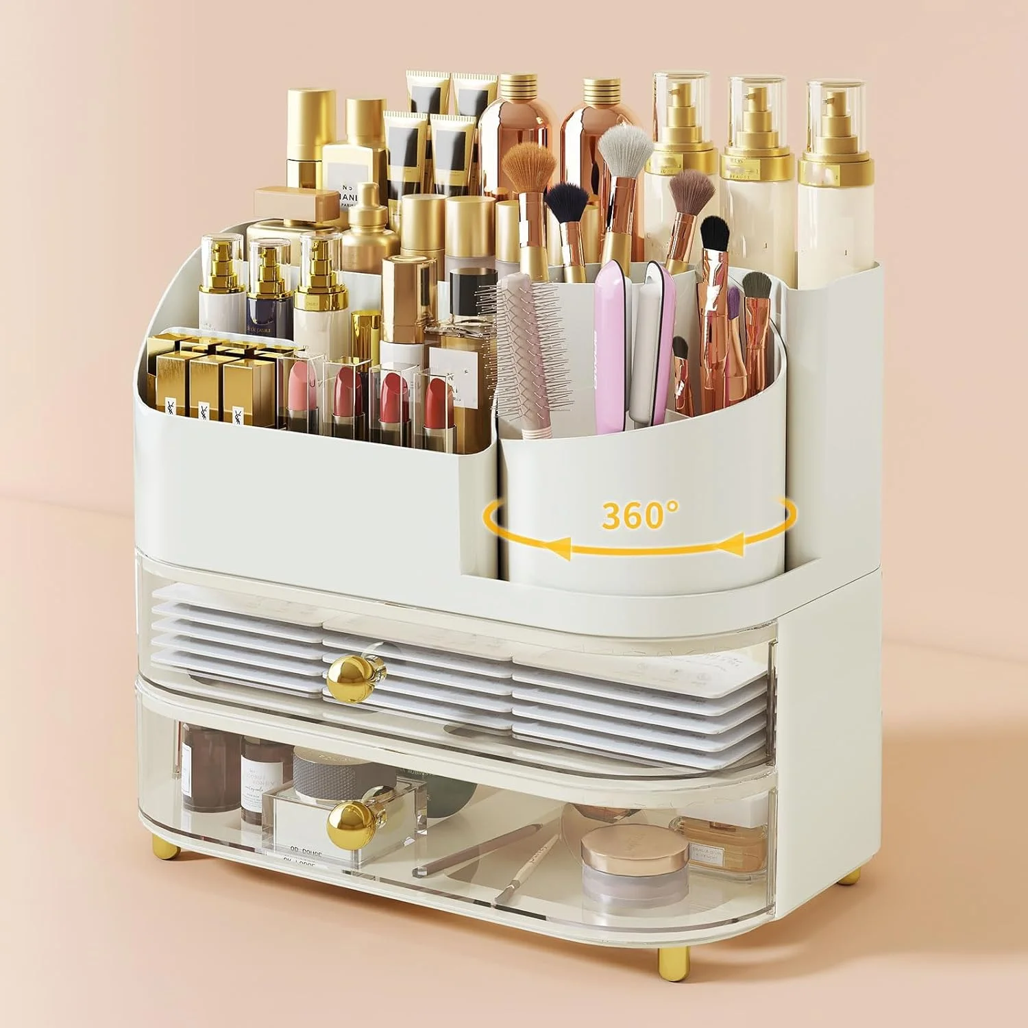 جا لوازم آرایشی با کشو، نگهدارنده برس چرخان، استند لوازم آرایش رومیزی برای میز توالت، حمام، سازماندهی محصولات مراقبت از پوست، عطر، رژ لب، لاک ناخن، سفید
