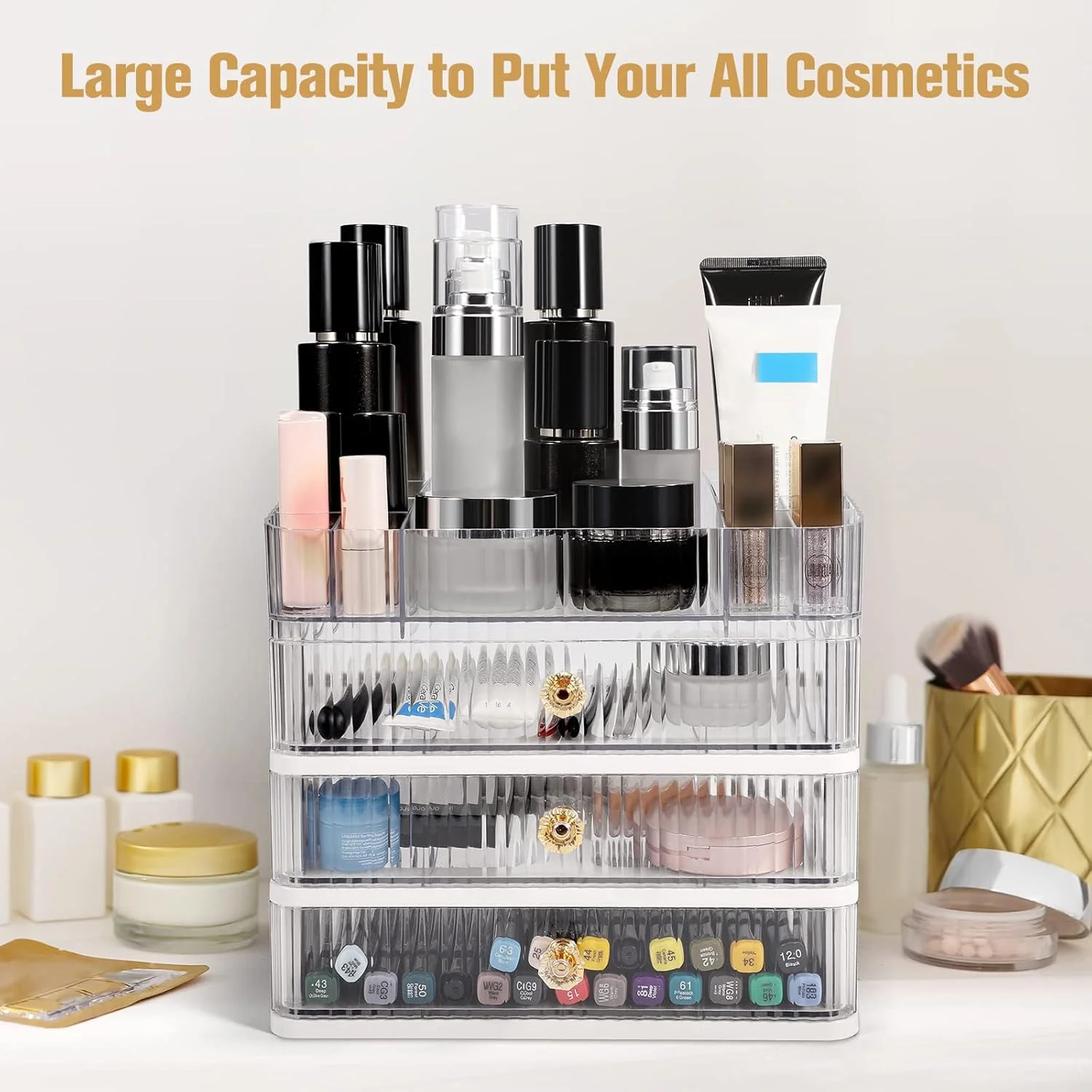 جا لوازم آرایشی با ۳ کشو، استند نگهداری لوازم آرایش، نظم دهنده رومیزی مناسب حمام، اتاق خواب، میز، مناسب نگهداری رژ لب، براش، لاک ناخن، لوازم جانبی آرایشی