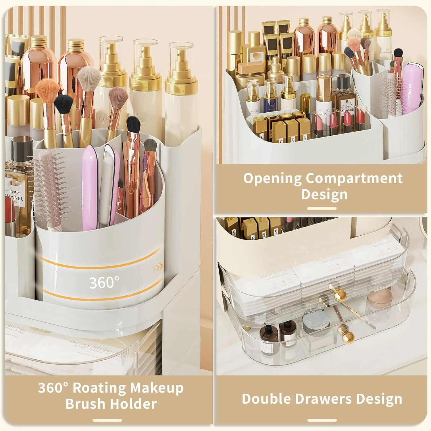 جا لوازم آرایشی با کشو، نگهدارنده برس چرخان، استند لوازم آرایش رومیزی برای میز توالت، حمام، سازماندهی محصولات مراقبت از پوست، عطر، رژ لب، لاک ناخن، سفید