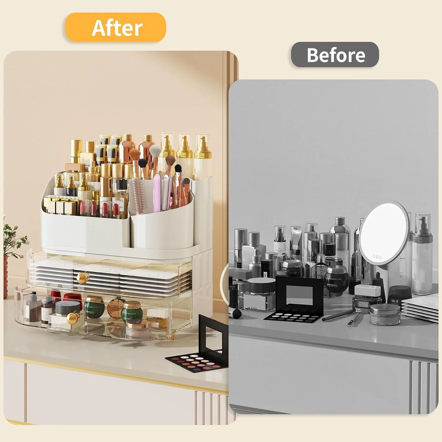 جا لوازم آرایشی با کشو، نگهدارنده برس چرخان، استند لوازم آرایش رومیزی برای میز توالت، حمام، سازماندهی محصولات مراقبت از پوست، عطر، رژ لب، لاک ناخن، سفید