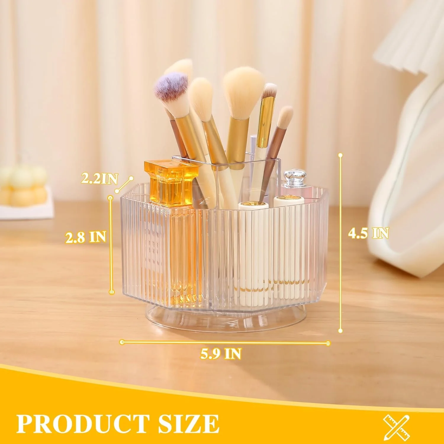 جا قلم مو آرایشی KASTWAVE، ارگانایزر چرخشی ۳۶۰ درجه لوازم آرایشی، دارای ۵ قسمت مجزا برای نگهداری رژ لب، لاک ناخن، لوازم هنری، شفاف