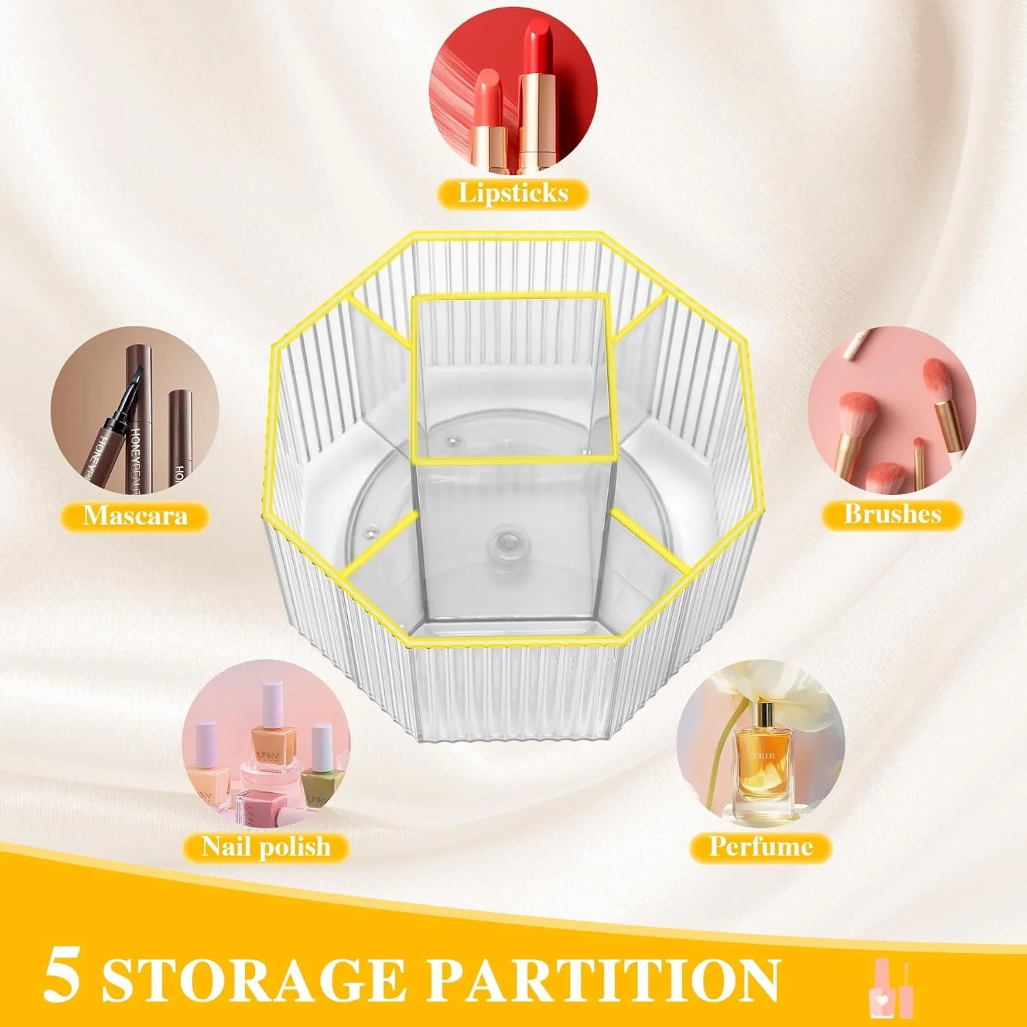 جا قلم مو آرایشی KASTWAVE، ارگانایزر چرخشی ۳۶۰ درجه لوازم آرایشی، دارای ۵ قسمت مجزا برای نگهداری رژ لب، لاک ناخن، لوازم هنری، شفاف