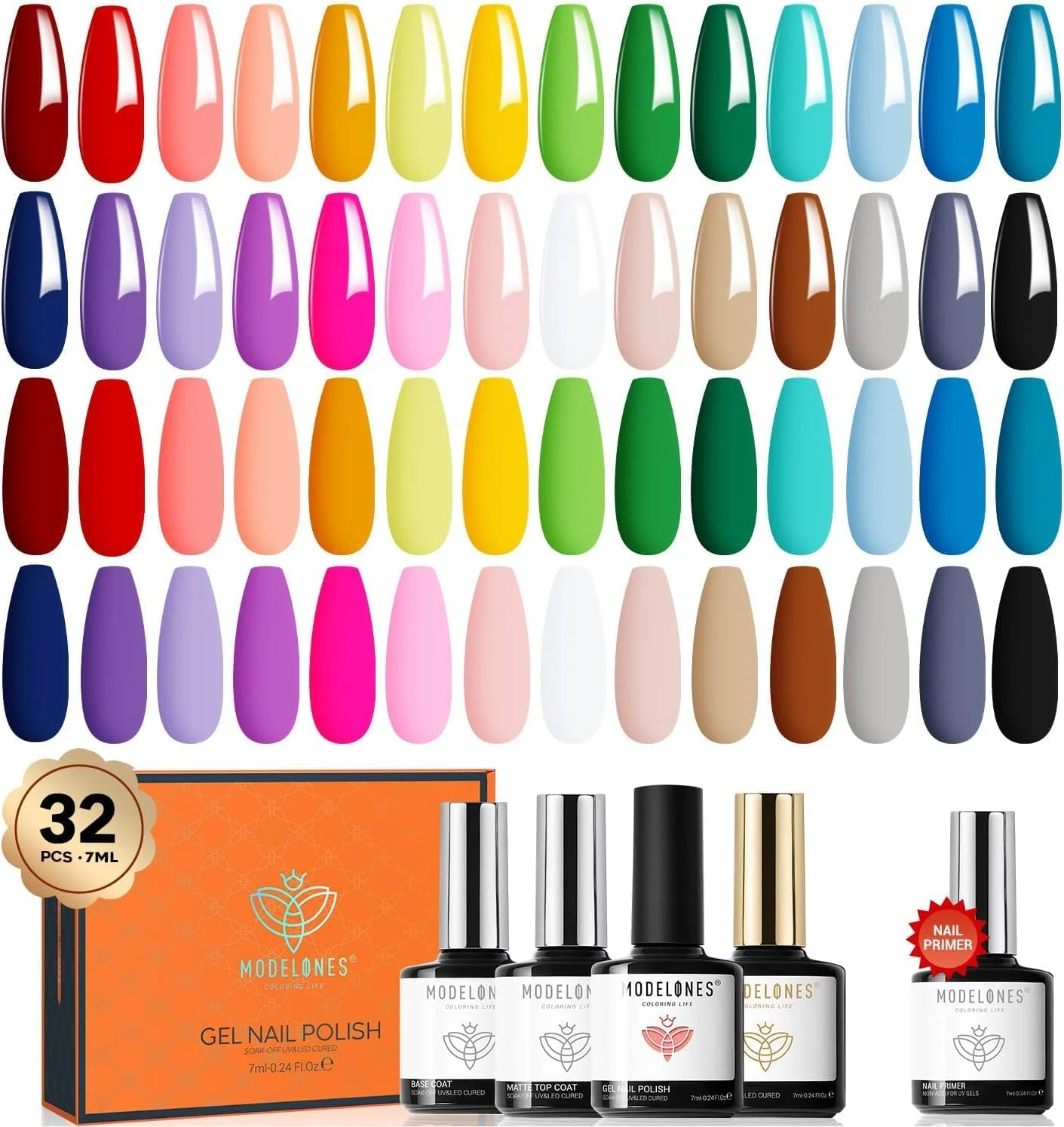 ست لاک ژل 32 عددی Modelones، شامل 28 رنگ رنگین کمانی با پوشش تاپ کت براق و مات، پرایمر و بیس کت ست لاک ژل 32 عددی Modelones، شامل 28 رنگ رنگین کمانی با پوشش تاپ کت براق و مات، پرایمر و بیس کت