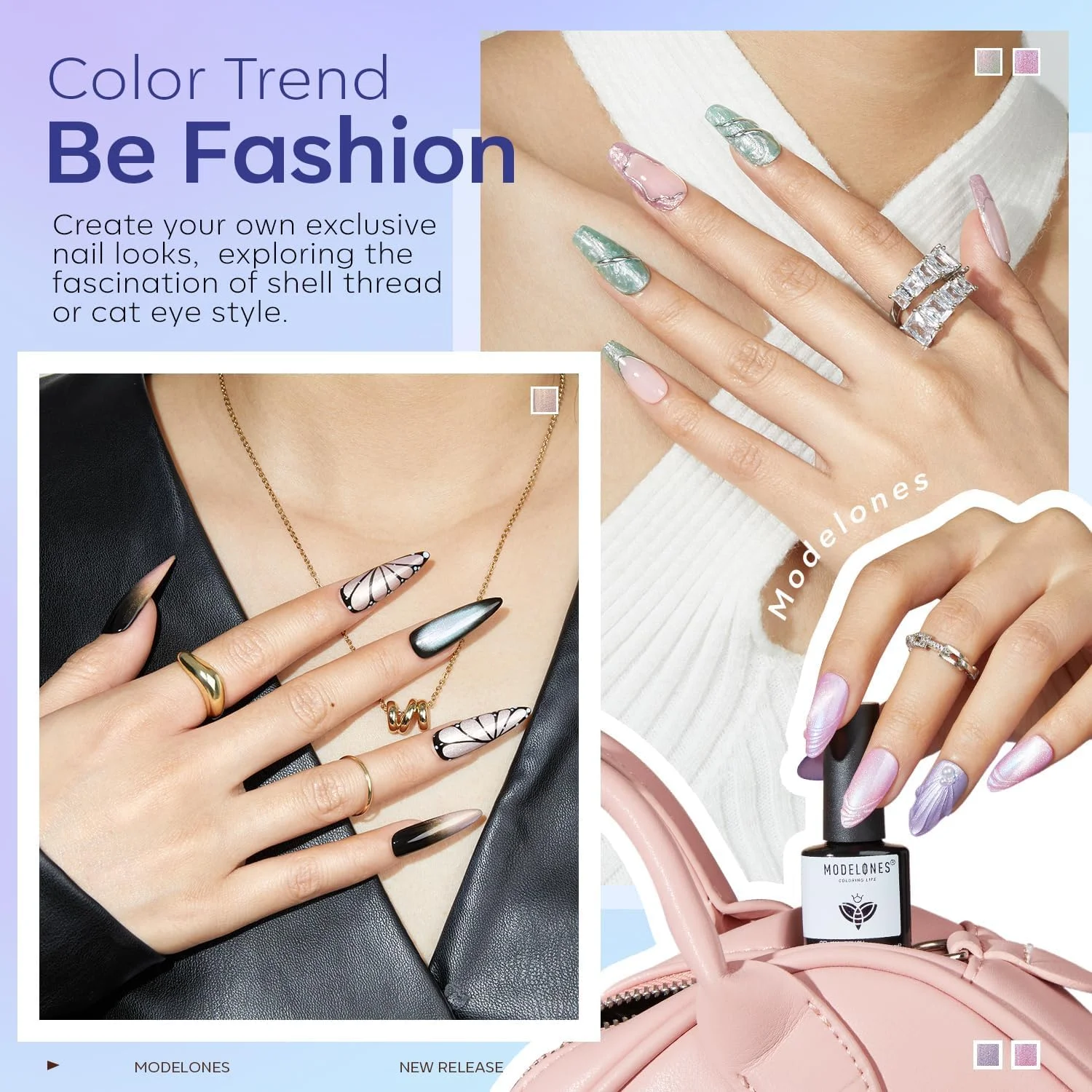 لاک ژل ناخن مرواریدی Modelones، ست طراحی ناخن مغناطیسی چشم گربه ای براق 6 رنگ با آهنربا، اکلیل صدفی رنگین کمانی بنفش صورتی آبی