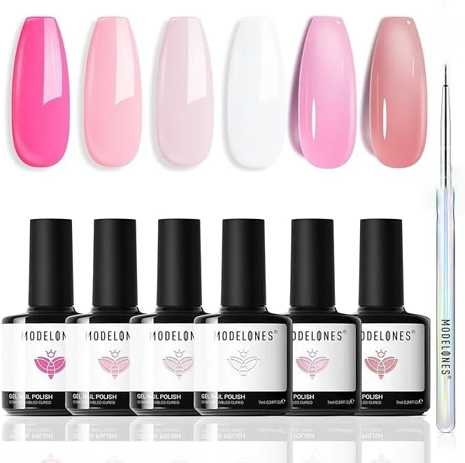 ست لاک ژل مدلونز، 6 رنگ لاک ژل صورتی روشن/گرم/نود، سفید، تابستانی، روشن با قلم طراحی ناخن، مناسب مانیکور فرانسوی در خانه و هدیه ست لاک ژل مدلونز، 6 رنگ لاک ژل صورتی روشن/گرم/نود، سفید، تابستانی، روشن با قلم طراحی ناخن، مناسب مانیکور فرانسوی در خانه و هدیه