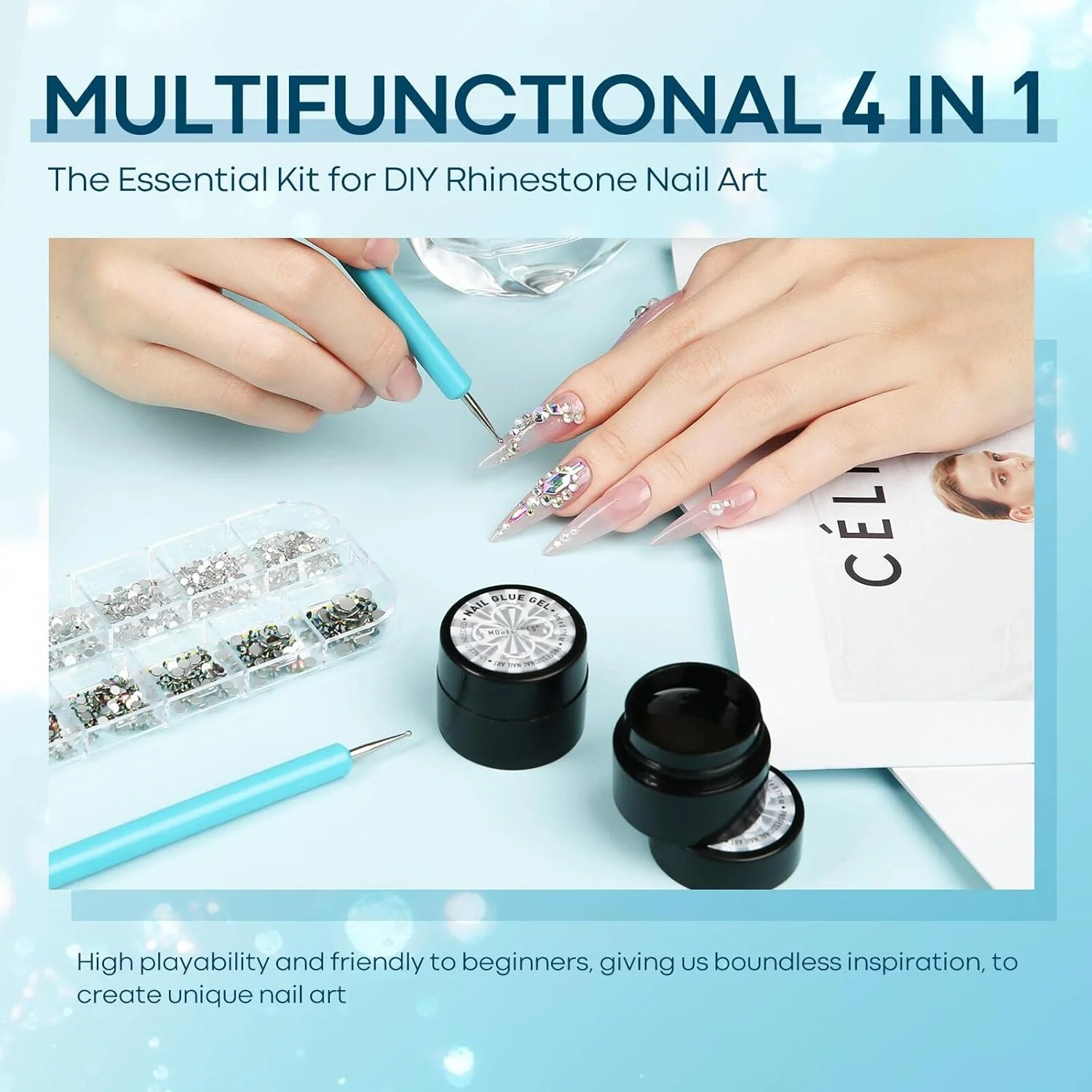 چسب نگین ناخن Modelones، چسب فوق العاده قوی بدون نیاز به پاک کردن با برس دو منظوره برای نگین/جواهرات/الماس، ست 4 عددی چسب نگین ناخن Modelones، چسب فوق العاده قوی بدون نیاز به پاک کردن با برس دو منظوره برای نگین/جواهرات/الماس، ست 4 عددی