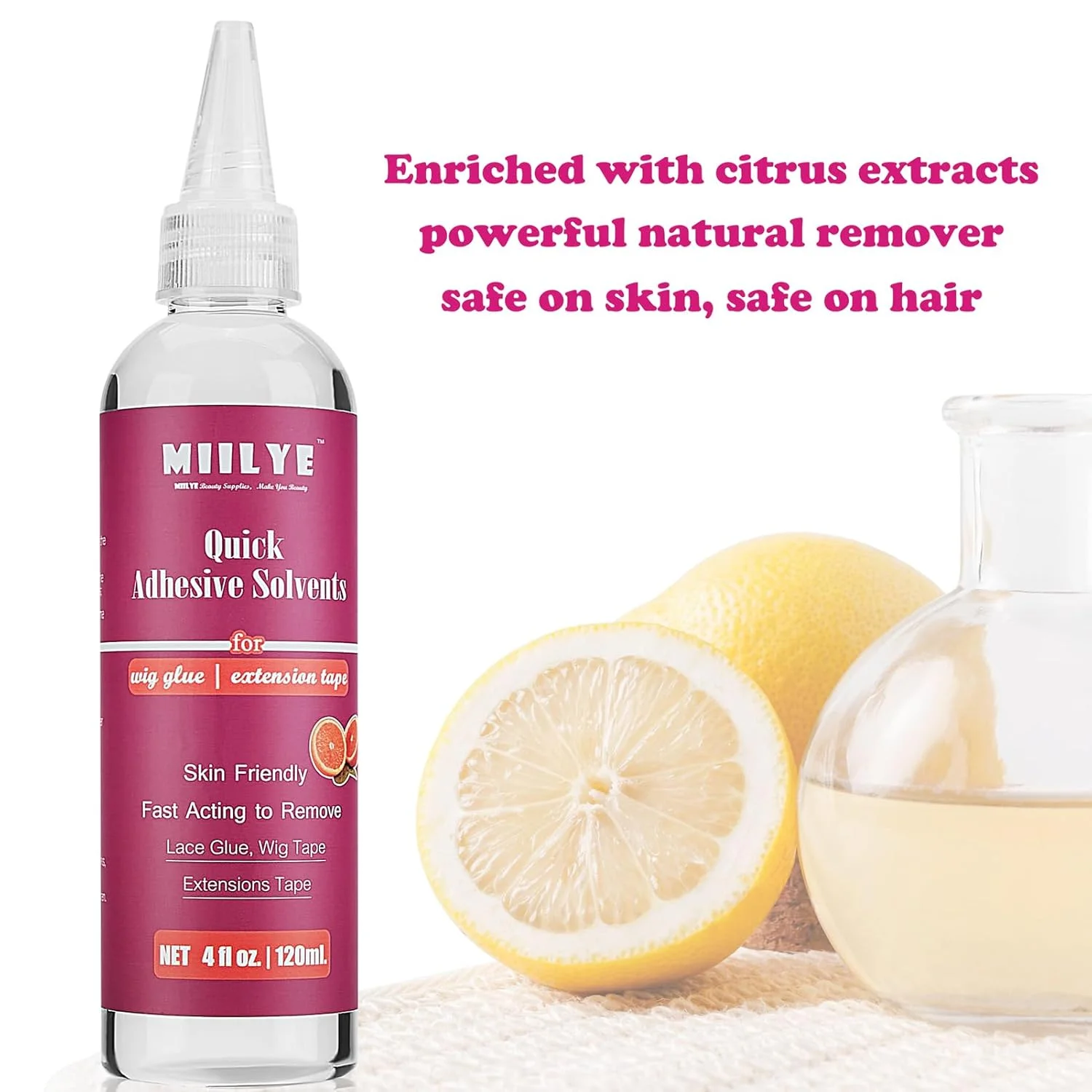 اسپری پاک کننده چسب مو MIILYE حجم 120 میلی لیتر، پاک کننده سریع چسب اکستنشن موی دو طرفه و بقایای چسب مو | ملایم روی پوست | بدون چربی | تمیز کردن آسان