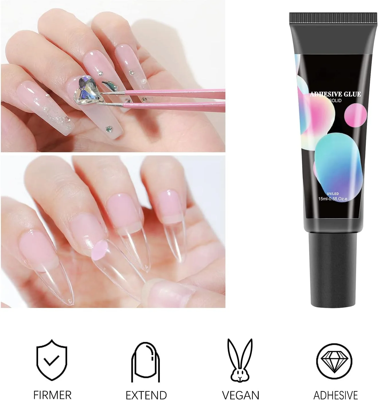 چسب ژل اکستنشن ناخن 2 عددی، چسب ژل خشک شونده سریع برای اکستنشن ناخن، ژل ساخت ناخن، چسب چسبنده نگین ناخن - شفاف