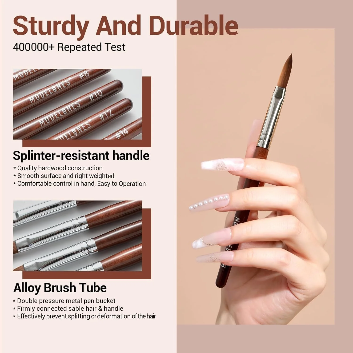 قلم طراحی ناخن آکریلیک مدلونز با موی سمور Kolinsky، دسته چوبی قرمز، مناسب برای طراحی و فرم دهی پودر آکریلیک، ابزار حرفه ای مانیکور (سایز 14#)