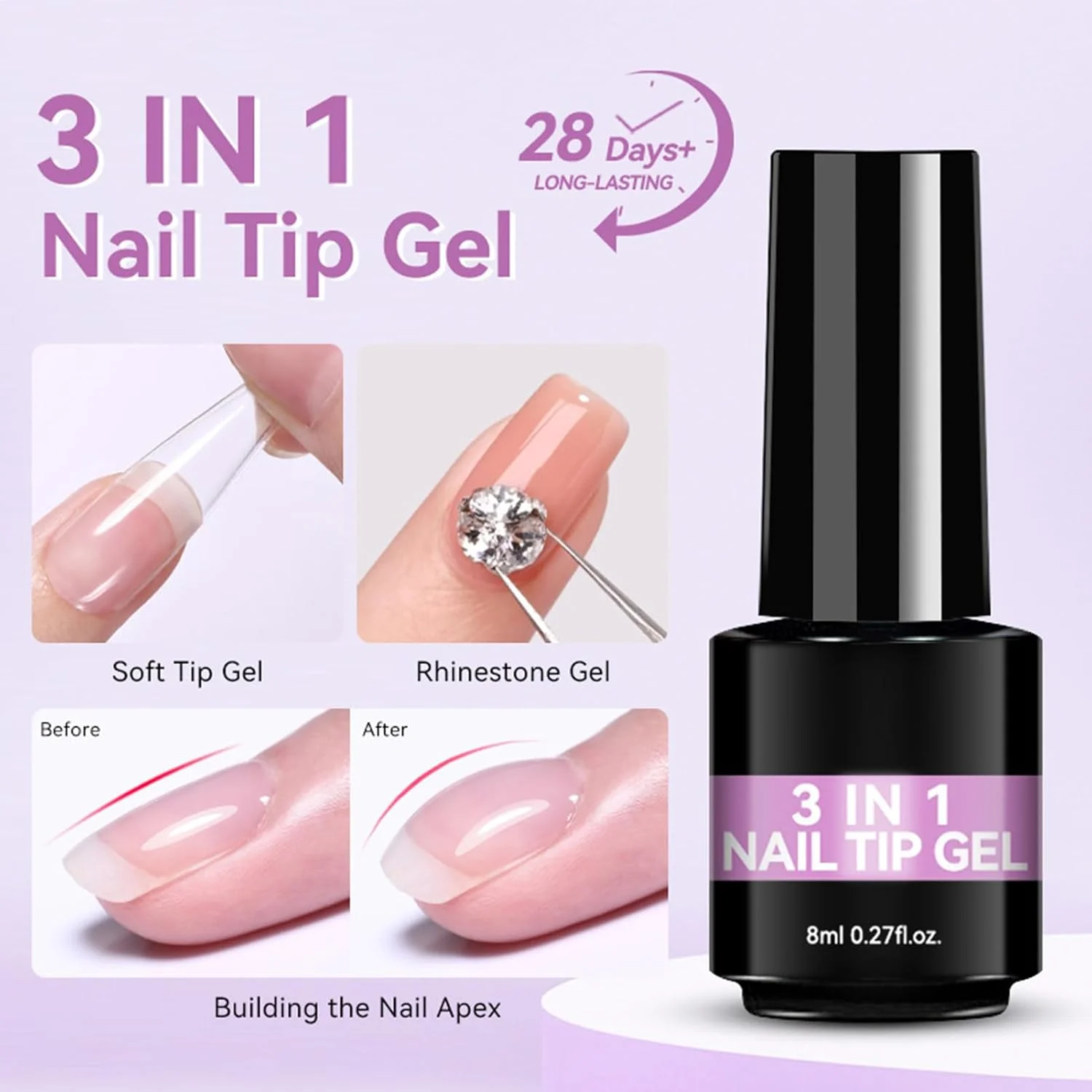 چسب ژلی ناخن - 8 میلی لیتر، چسبندگی طولانی مدت بدون بو، ژل اکستنشن - مناسب برای مبتدیان، متخصصان، سالن های خانگی، مانیکور، مهمانی عروسی