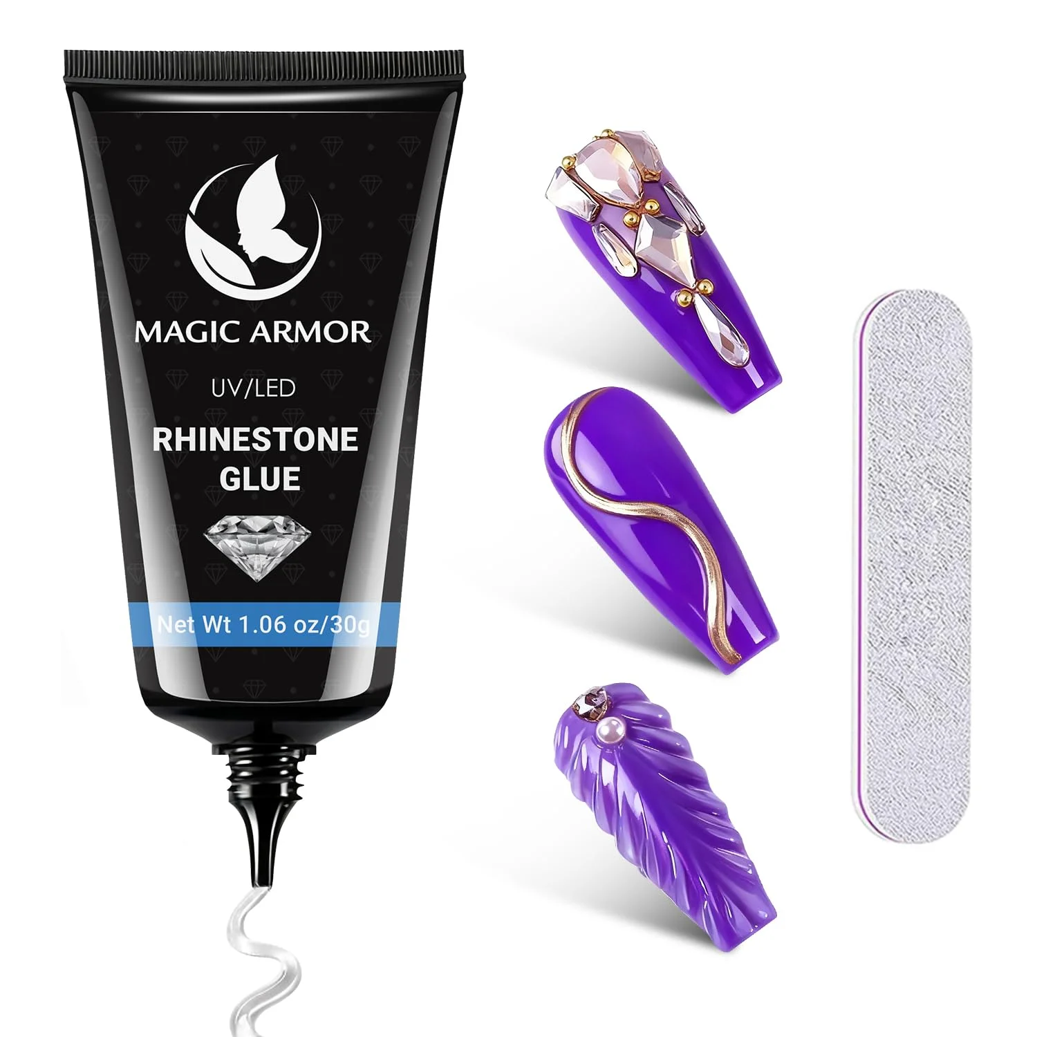 چسب ژل نگین ناخن 30 گرمی - چسب فوق العاده قوی با خشک شدن UV برای سنگ های قیمتی، الماس، جواهرات، تیپ ها، ناخن های مصنوعی - همراه با سوهان ناخن