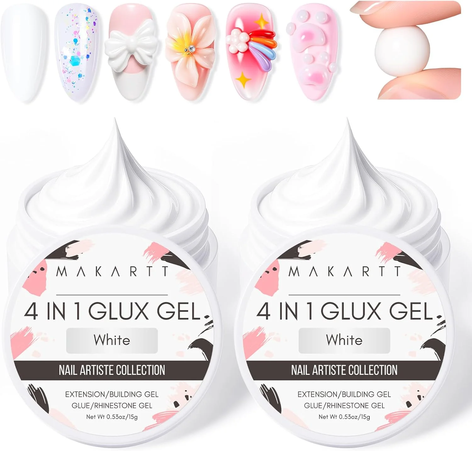 ژل کاشت ناخن جامد ماکارت، 2 عدد 4 در 1 سفید غیر چسبنده برای اکستنشن، مجسمه سازی سه بعدی ناخن، چسب یو وی 15 میلی لیتری برای تیپ های اکریلیک، سنگ های تزئینی و ژل های سخت مجسمه سازی ناخن، نیاز به لامپ UV/LED