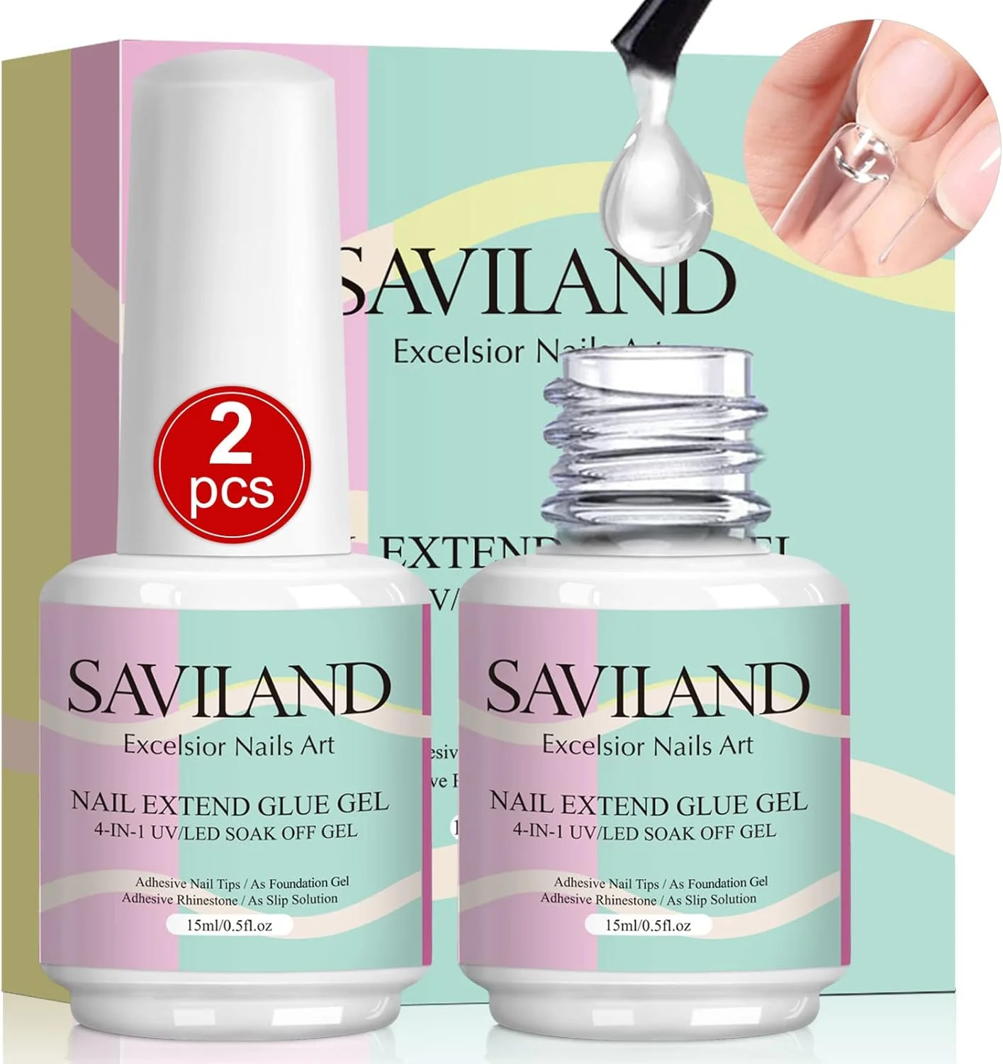 ست چسب ژل ناخن 4 در 1 ساویلند، 2 عدد 15 میلی لیتر، چسب ژل برای ناخن های اکریلیک، چسب ژل برای تیپ ناخن، بیس کت، اسلیپ سلوشن برای ژل پلی ناخن، نیاز به لامپ UV/LED