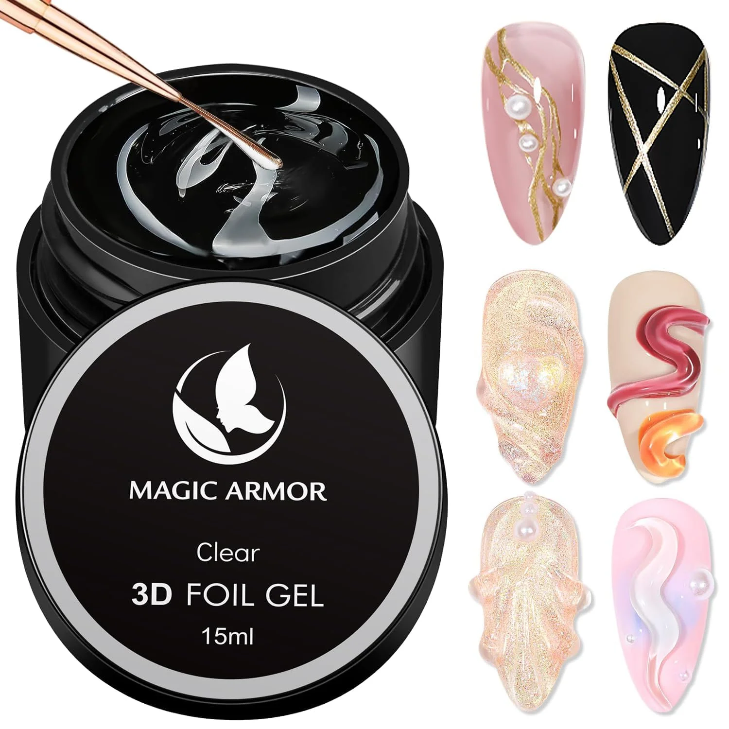 چسب فویل ناخن سه بعدی MAGIC ARMOR، چسب انتقال فویل 15 میلی لیتری برای ورق های فویل ناخن، کیت فویل ناخن برای هنر ناخن ژلی سه بعدی خطی/صدفی/موجی، چسب ژل خیساندنی، مناسب برای استفاده در سالن های آرایشی، نیاز به لامپ UV