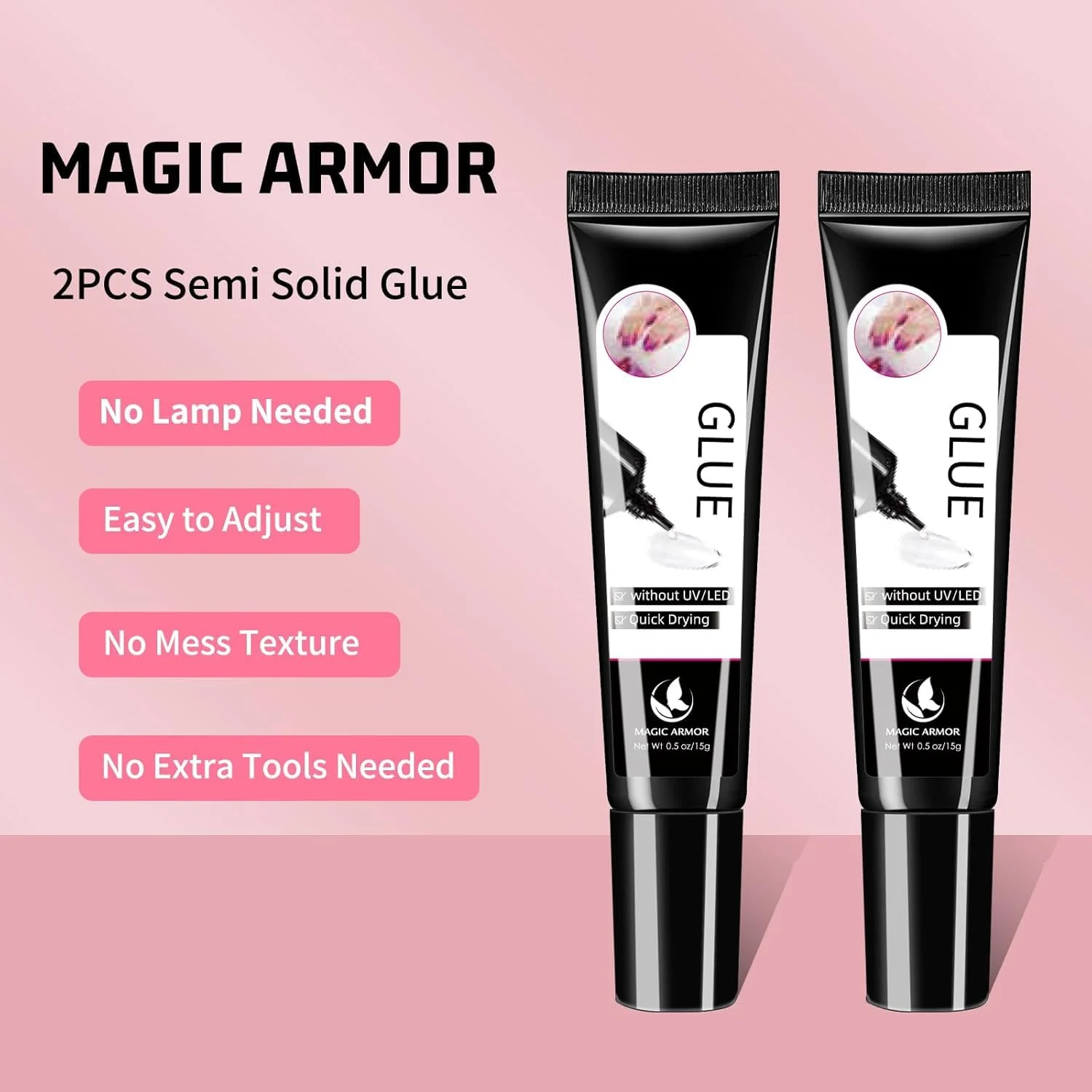 چسب ناخن نیمه جامد برای ناخن های مصنوعی، بدون نیاز به لامپ UV، خشک شدن سریع، چسب ژل ناخن اکریلیک مصنوعی با ماندگاری طولانی (15 گرم x 2)