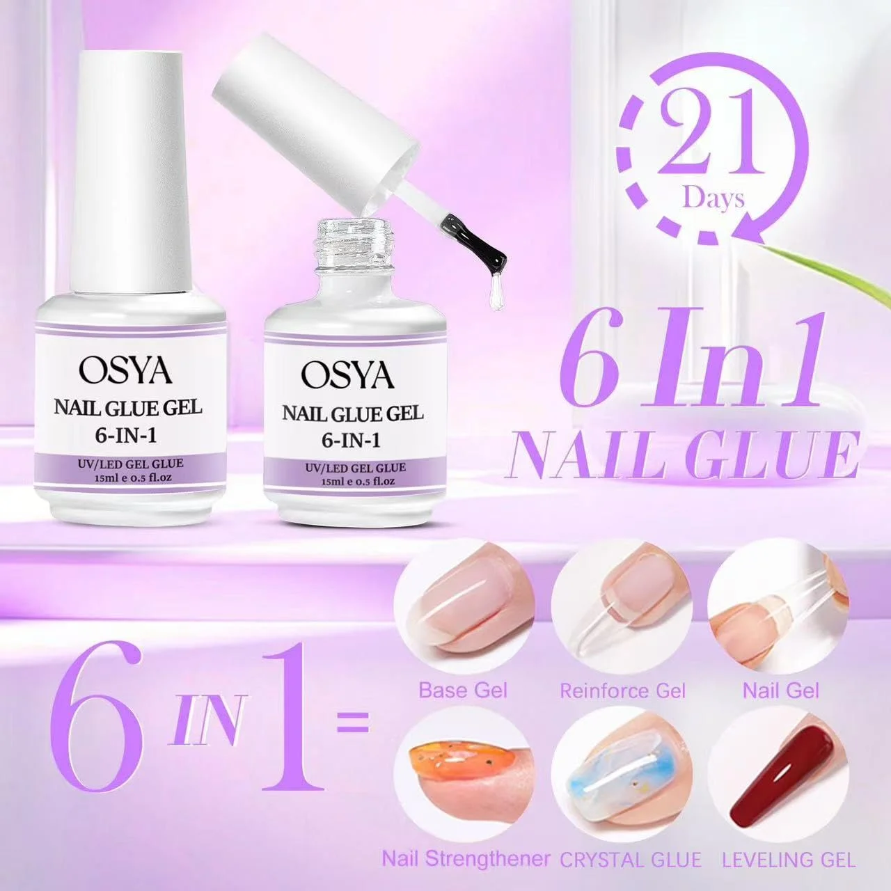 چسب ژل ناخن 6 در 1 OSYA برای ناخن های اکریلیک با ماندگاری طولانی، چسب اکستنشن UV برای نوک ناخن های مصنوعی و ناخن های پرسی، درمان ترمیم ناخن تقویت کننده ناخن