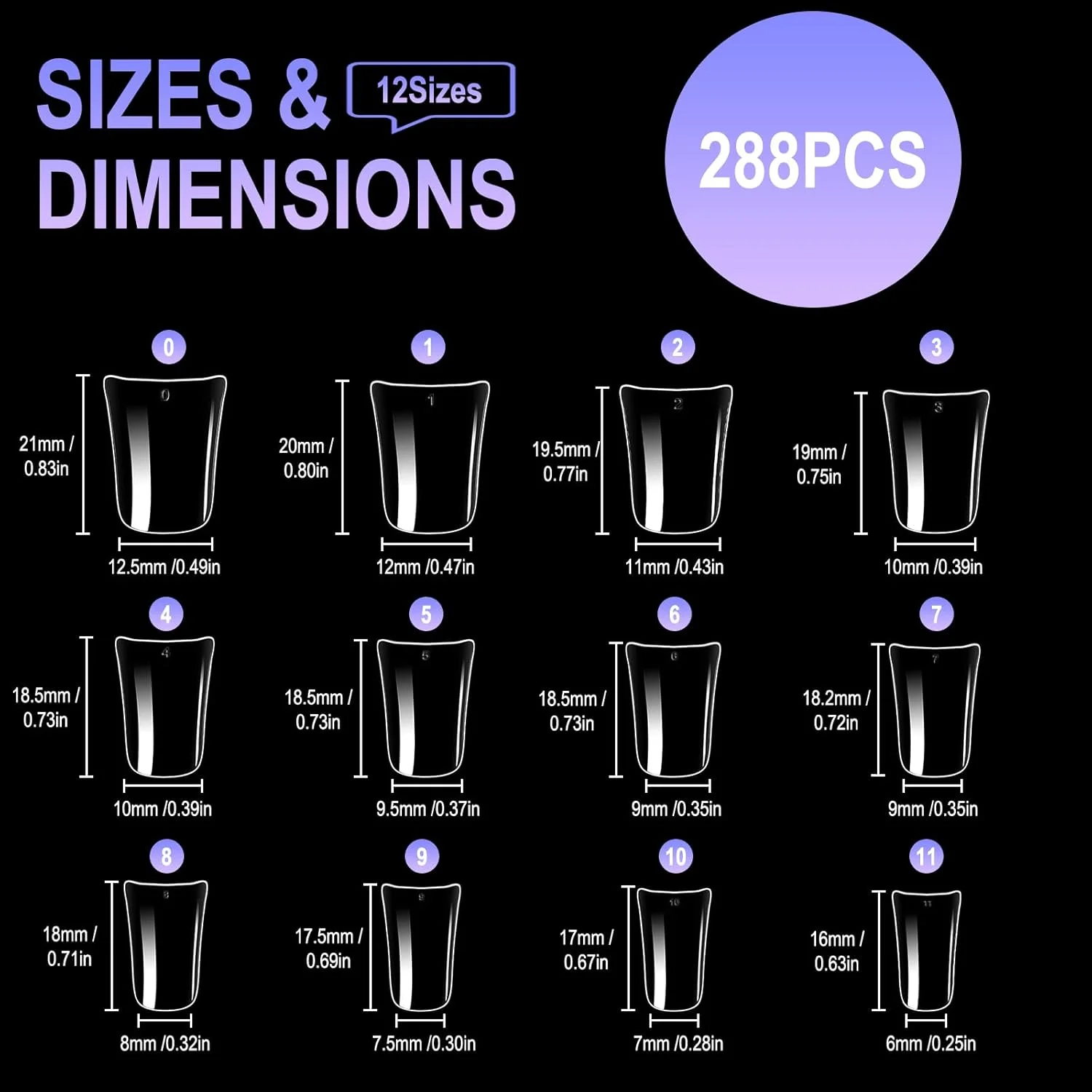 تیپ ناخن اردکی Allstarry، ۲۸۸ عدد تیپ ناخن کوتاه خمیده پوشش کامل در ۱۲ سایز، ناخن های مصنوعی کریستالی طرح پای اردک برای طراحی ناخن Y2K در سالن و استفاده شخصی - ۲۲ میلی متر