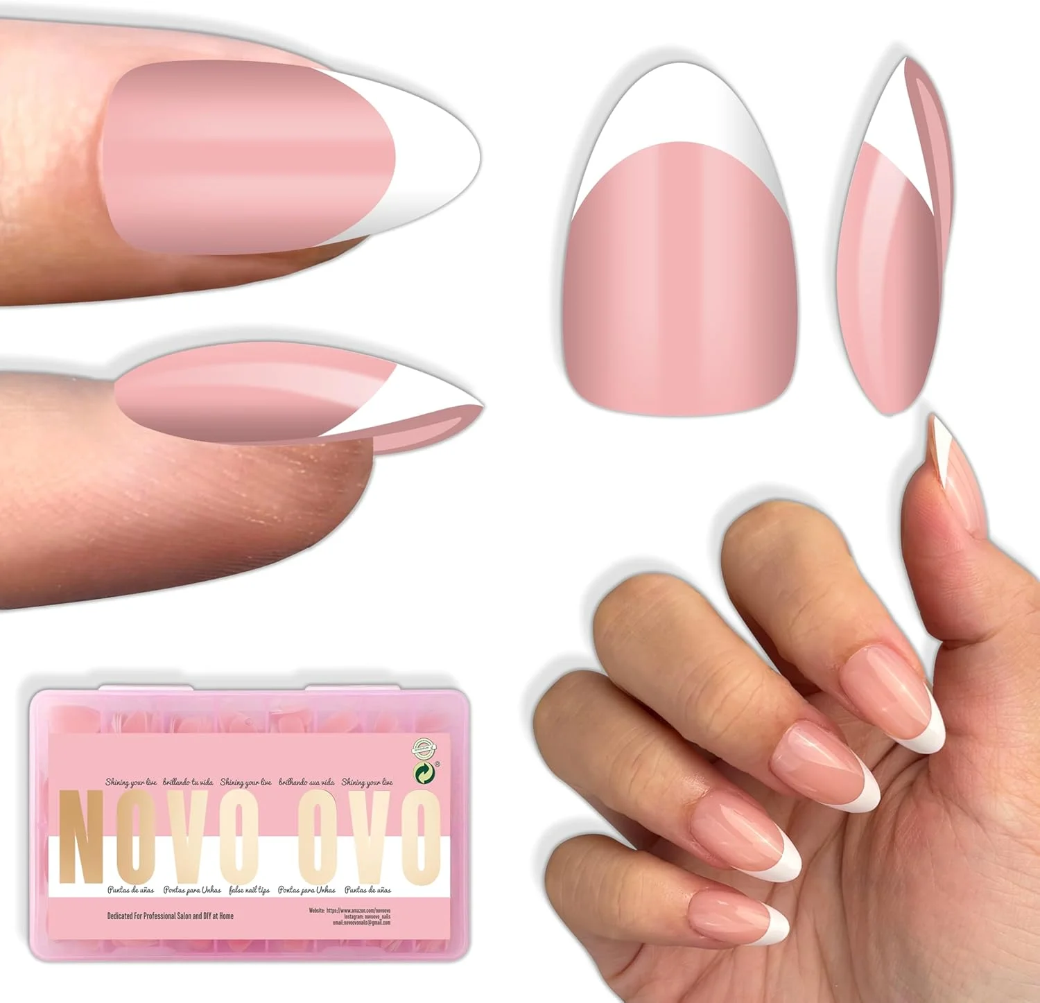 نوو اوو نوک ناخن بادامی کوتاه فرنچ سفید، صورتی ملایم، ضخیم، پوشش کامل، نیاز به ژل بیلدر و چسب، برای اکستنشن آکریلیک سالنی DIY، 16 سایز، 224 عدد