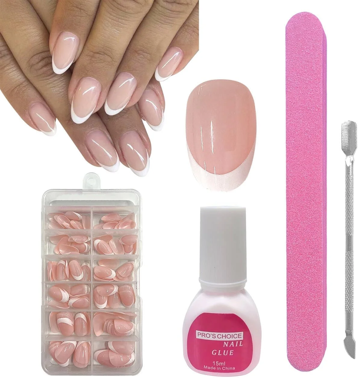 ناخن مصنوعی فرانسوی - ناخن های فشاری گرد کوتاه - ناخن مصنوعی با نوک سفید فرانسوی - کیت ناخن فرانسوی پوشش کامل - چسباندن تزئینات مانیکور ناخن (بیضی کوتاه)