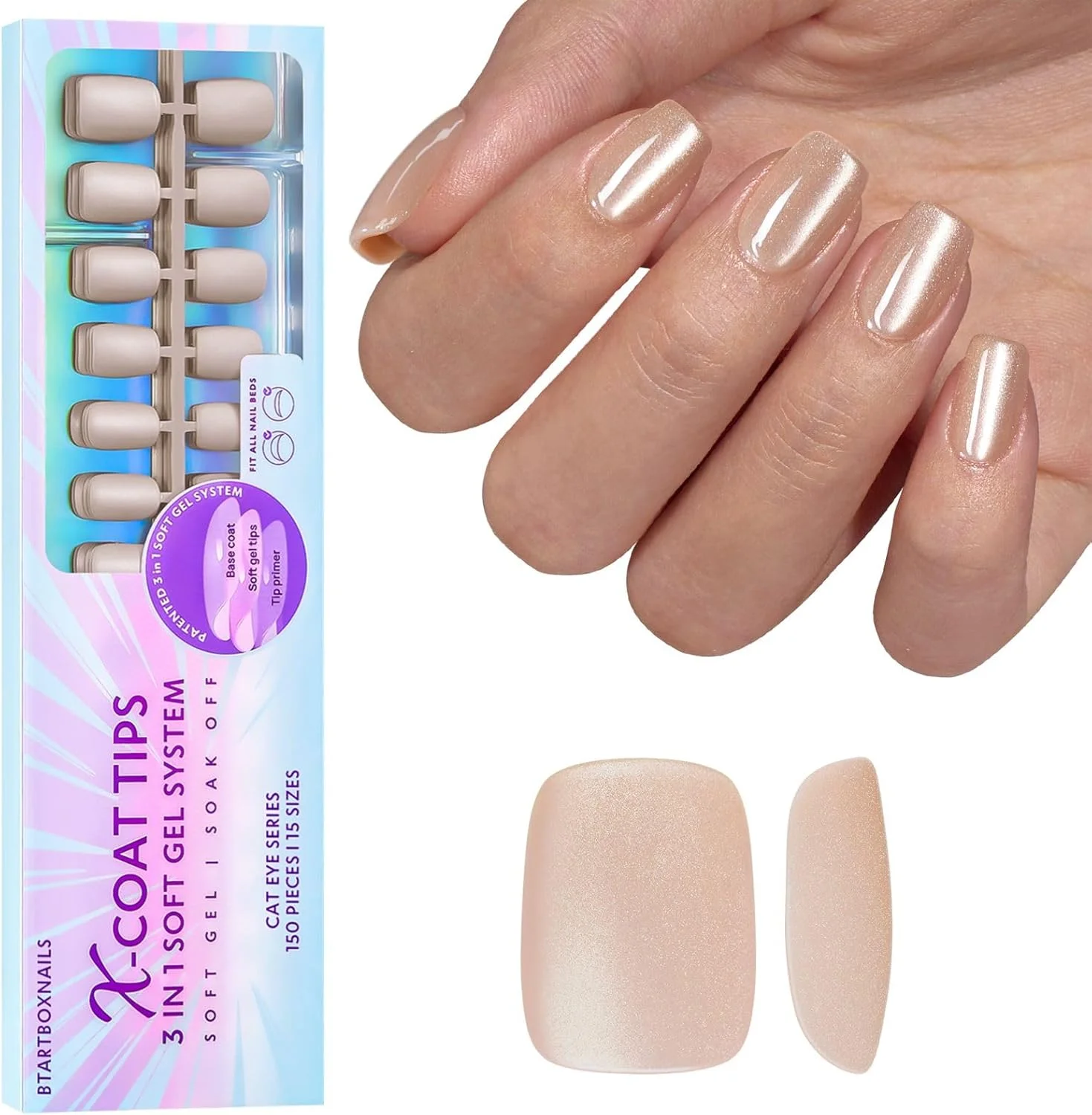 BTArtboxnails Cat Eye XCOATTIPS - تیپ های ناخن ژلی نرم مربعی، ناخن های اکلیلی چسبی کوتاه، ناخن های مصنوعی اکریلیک خیساندنی چسبی در 15 سایز - ست 150 عددی اکستنشن ناخن، Aurora