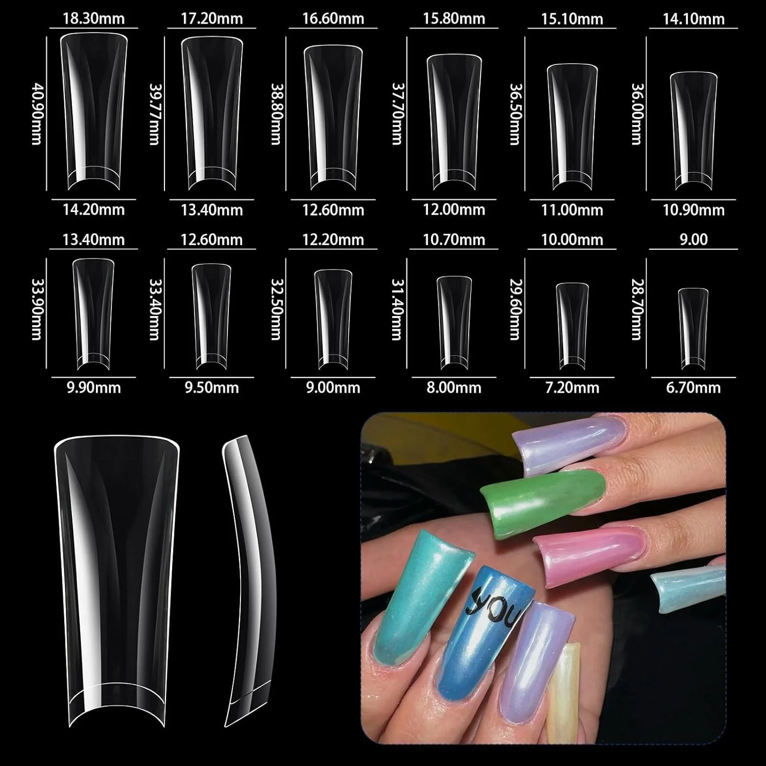 کیت 504 عددی تیپ ناخن ژلی نرم پوشش کامل برای اکستنشن ناخن، مدل پا اردکی پوشش کامل برای کاشت ناخن اکرلیکی شفاف، مناسب برای سالن های مانیکور و طراحی ناخن