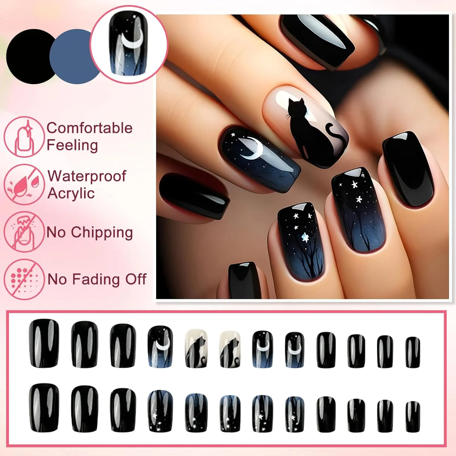 ناخن مصنوعی فرانسوی مشکی Ceboic، ناخن های فشاری آسمان پر ستاره اکلیلی با طرح گربه زیبا، ست ناخن های مصنوعی ژل اکریلیک، چسب ناخن طبیعی قابل استفاده مجدد برای تزئین انگشتان زنان 24 عدد ناخن مصنوعی فرانسوی مشکی Ceboic، ناخن های فشاری آسمان پر ستاره اکلیلی با طرح گربه زیبا، ست ناخن های مصنوعی ژل اکریلیک، چسب ناخن طبیعی قابل استفاده مجدد برای تزئین انگشتان زنان 24 عدد
