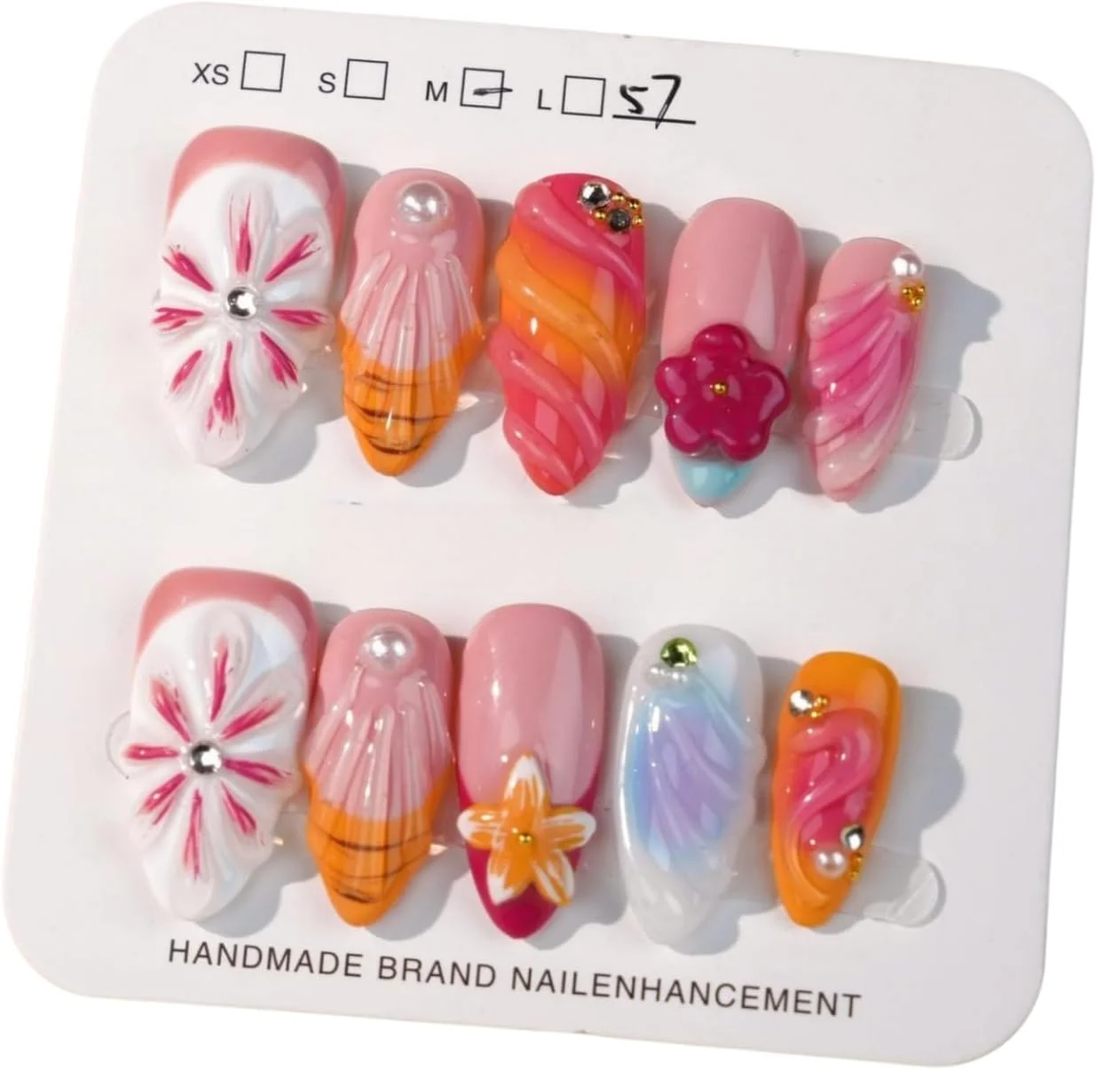 ناخن مصنوعی سه بعدی دست ساز لوکس با طرح گل های گرمسیری - ناخن های مصنوعی اکریلیک قابل استفاده مجدد با تزیینات مروارید و نگین، ست 10 عددی برای خانم ها (تابستان، M)