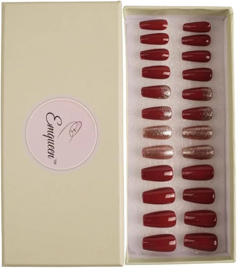 ناخن مصنوعی چسبی زرشکی اکلیلی | ست 24 عددی ناخن مصنوعی قابل استفاده مجدد | استفاده آسان با چسب | درخشش ماندگار | اکستنشن ناخن مصنوعی برای زنان و دختران