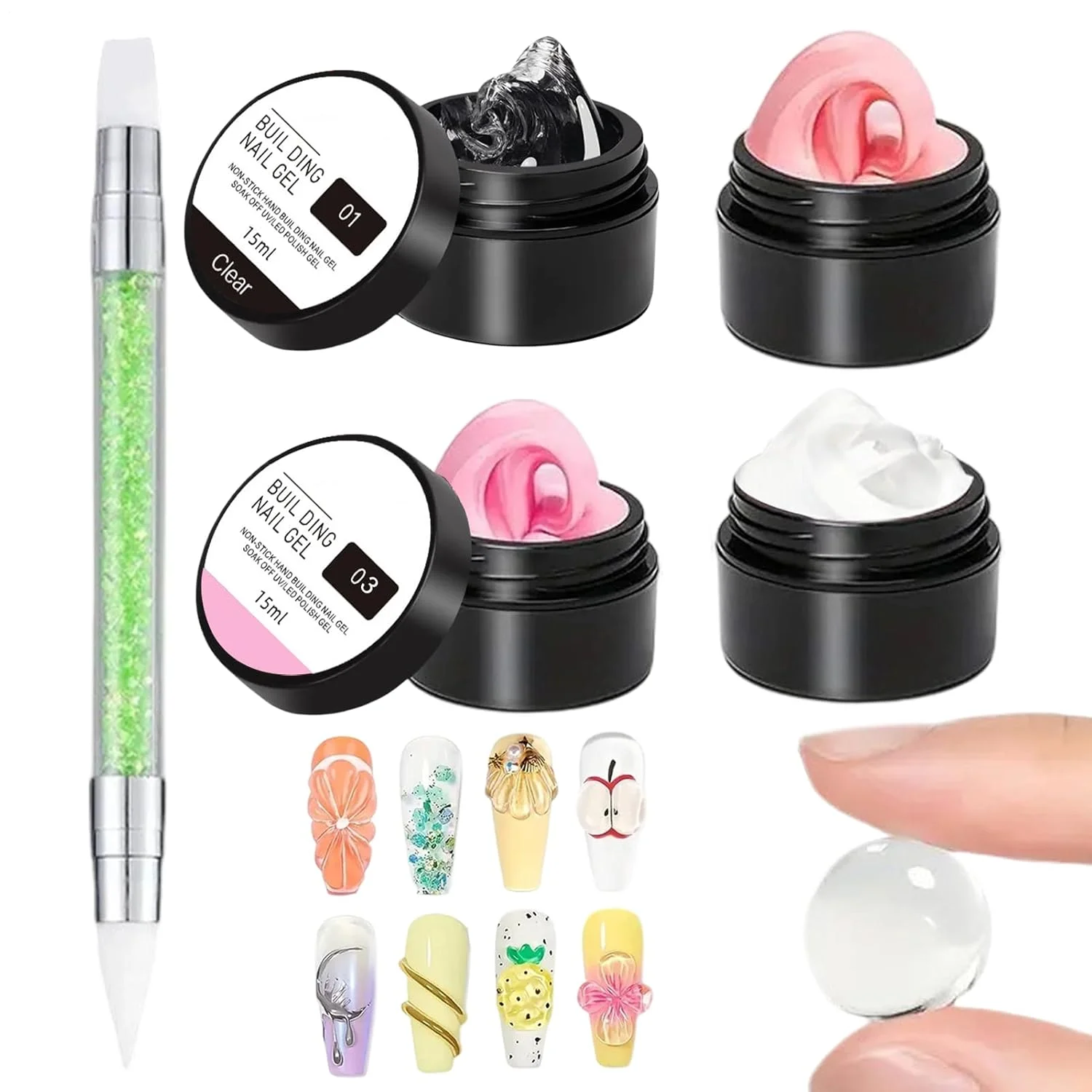 ژل سه بعدی ناخن، چسب مانیکور ژل 4 رنگ - چسب قالب گیری ناخن سه بعدی برای نگین، مهر زنی، نوک فرانسوی، فویل، گل، مانیکور و پدیکور خانگی