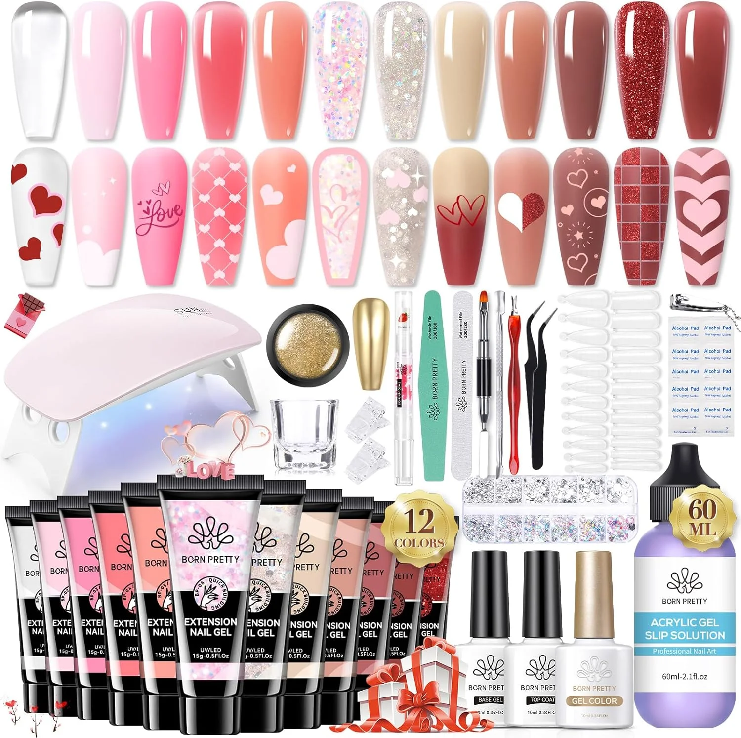 کیت ژل پولی اکستنشن BORN PRETTY - 12 رنگ، رنگ های طبیعی، شفاف، ژله ای، صورتی، کیت همه کاره، ژل چسب سازنده، لامپ ناخن، بیس کت، تاپ کت، ست کامل، قالب ناخن، مانیکور فرانسوی، هدیه ای ایده آل