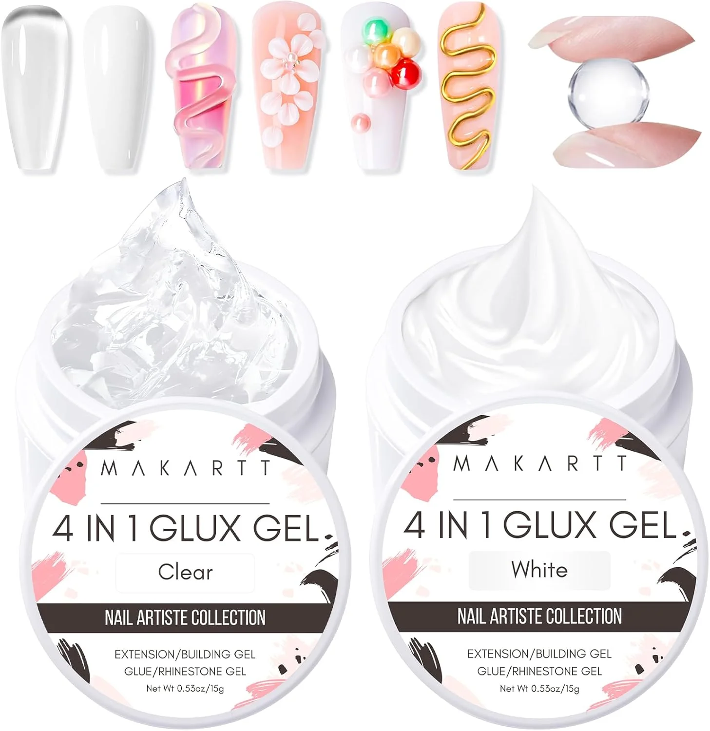 ژل سازنده جامد Makartt: چسب UV غیر چسبنده 4 در 1، 2 عددی برای اکستنشن ناخن، مجسمه سازی سه بعدی، مناسب برای نوک ناخن های اکریلیک، نگین و مجسمه ها، ژل های سخت