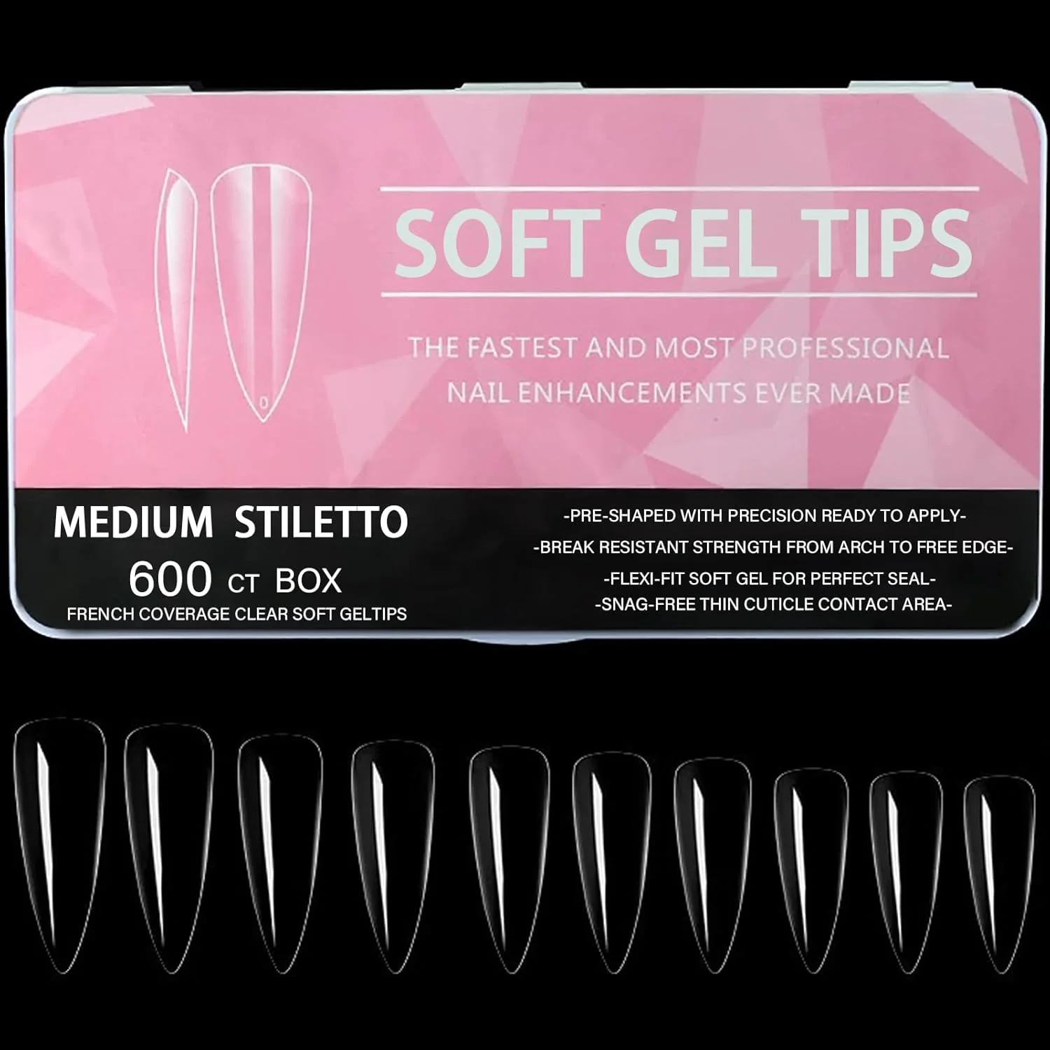 تیپ ناخن - 600 عدد تیپ ناخن ژلی نرم برای اکستنشن ناخن، تیپ های چسب اکریلیک شفاف، ناخن های مصنوعی خنجری، ناخن های مصنوعی 12 سایز برای تکنسین های ناخن، مبتدیان و سالن های آرایش ناخن