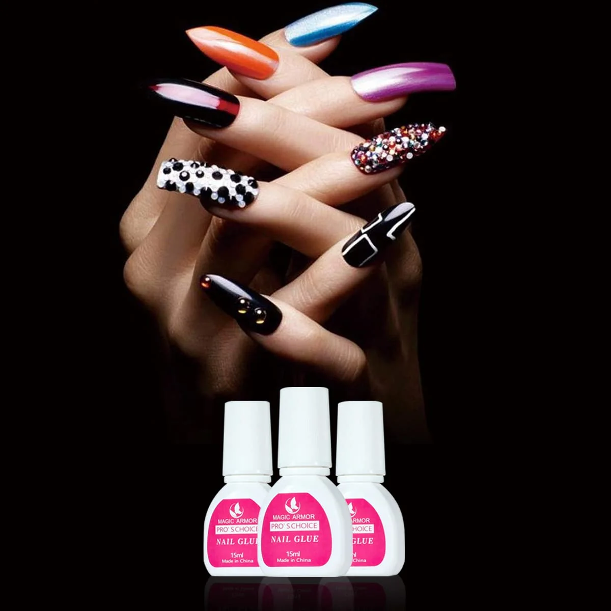 چسب ناخن فوق العاده قوی MAGIC ARMOR، 4 عدد، برای ناخن های اکریلیک، ناخن های مصنوعی و تیپ، ماندگاری طولانی، حرفه ای (15 میلی لیتر در 4 عدد)