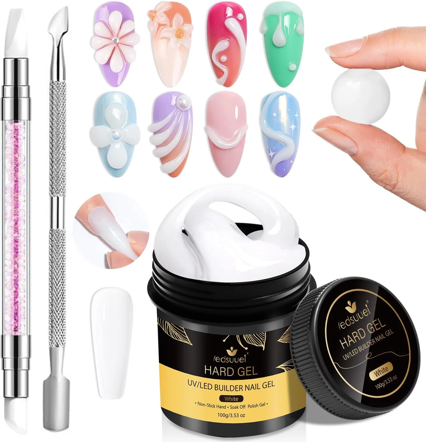ژل سازنده جامد ناخن LEDSUUEI - ظرفیت بزرگ 100 گرمی ژل سخت سفید برای اکستنشن ناخن، مجسمه سازی سه بعدی ناخن، کیت چسب حکاکی دستی غیر چسبنده برای مانیکور، دکوراسیون منزل، هنر ناخن DIY، 100 گرم